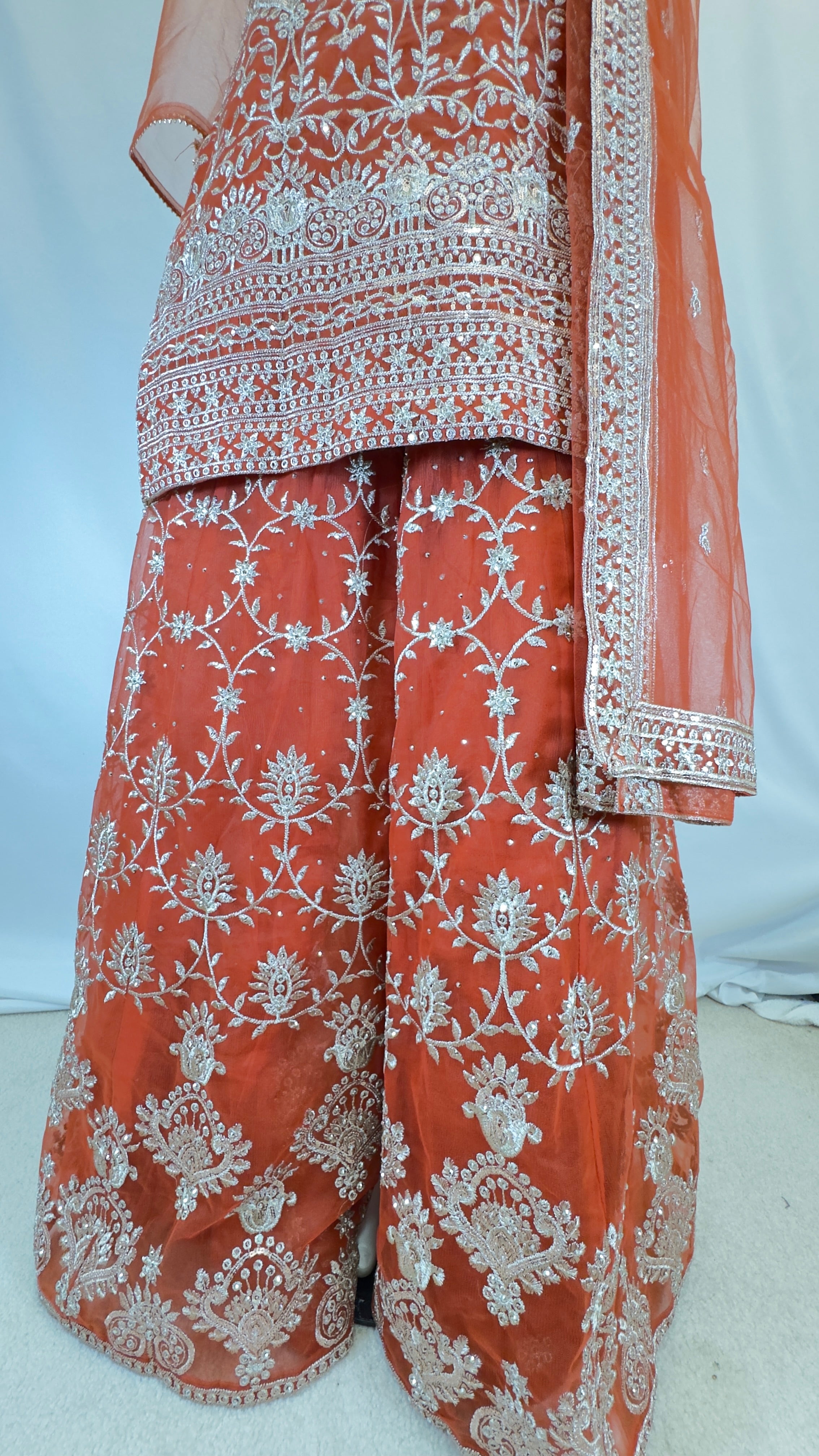 Orange Rust Net Sharara Set