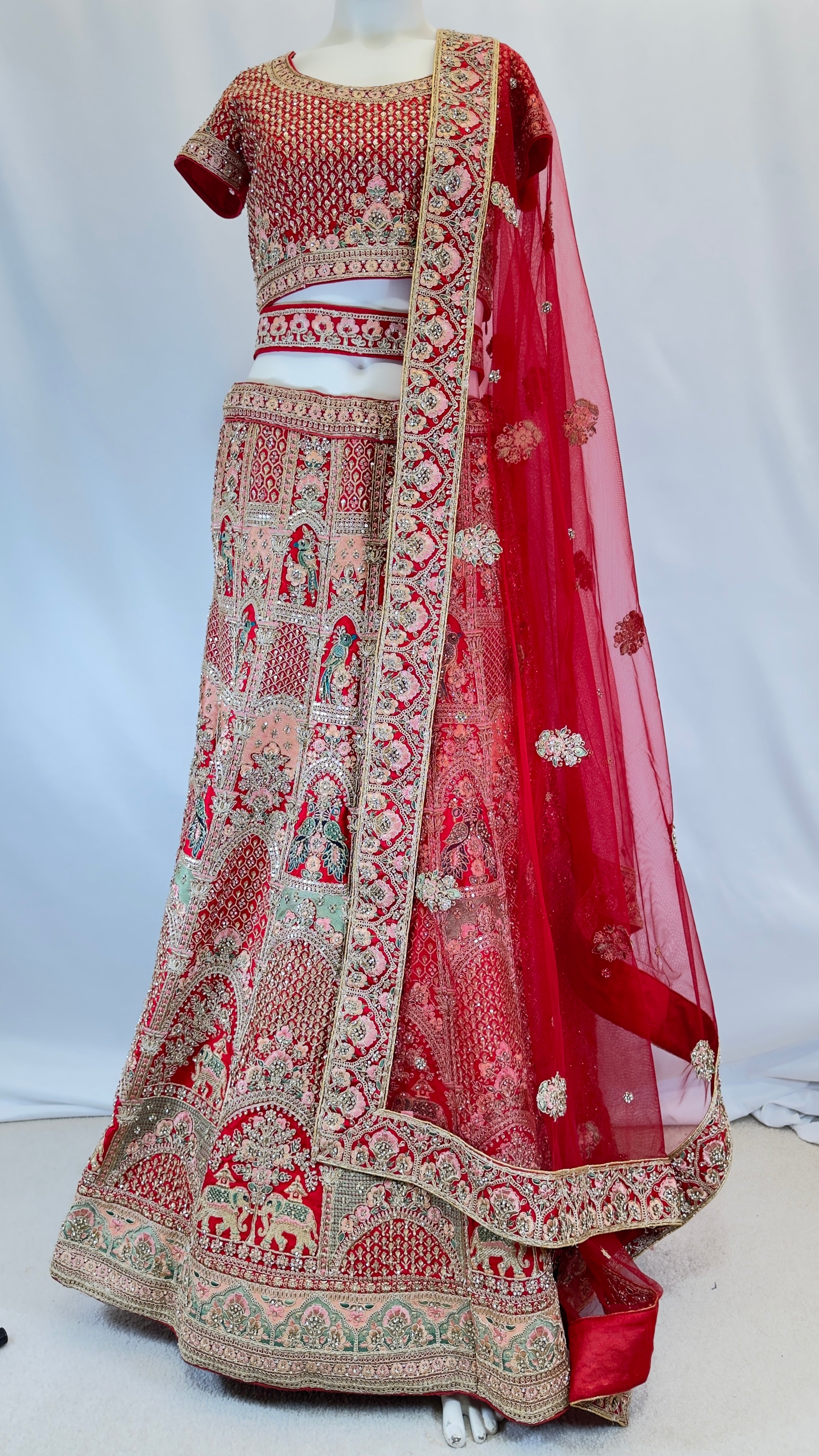 Crimson Red Silk Bridal Lehenga with Golden Handwork