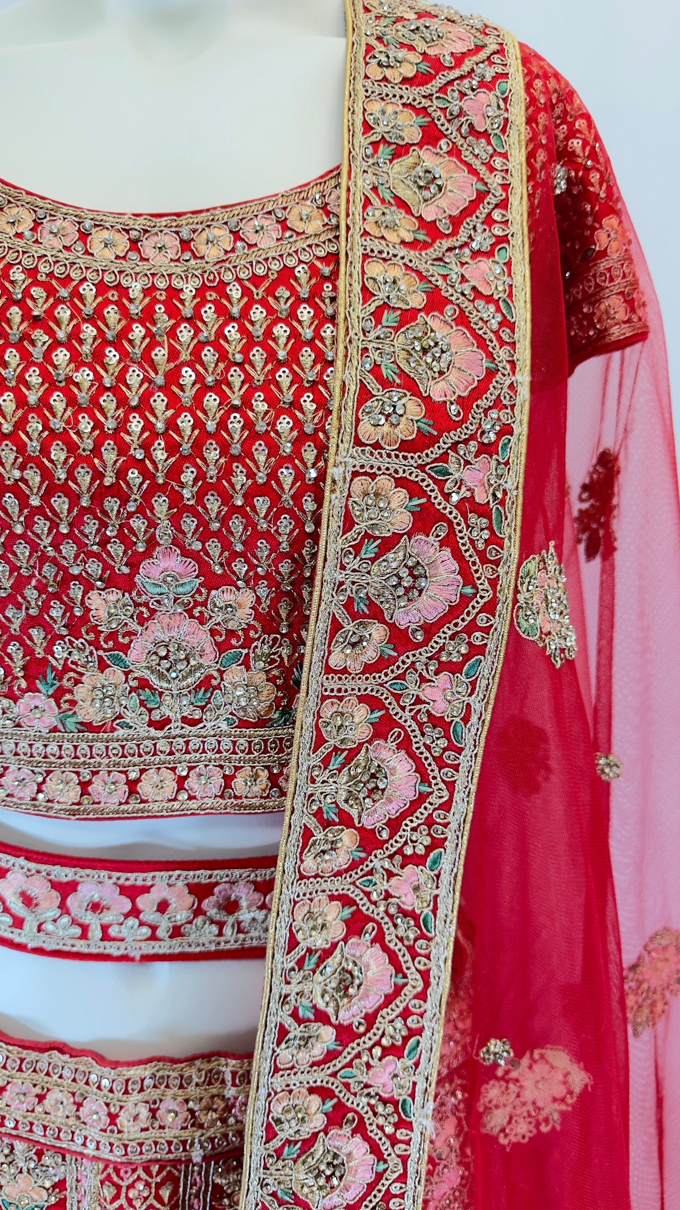 Crimson Red Silk Bridal Lehenga with Golden Handwork