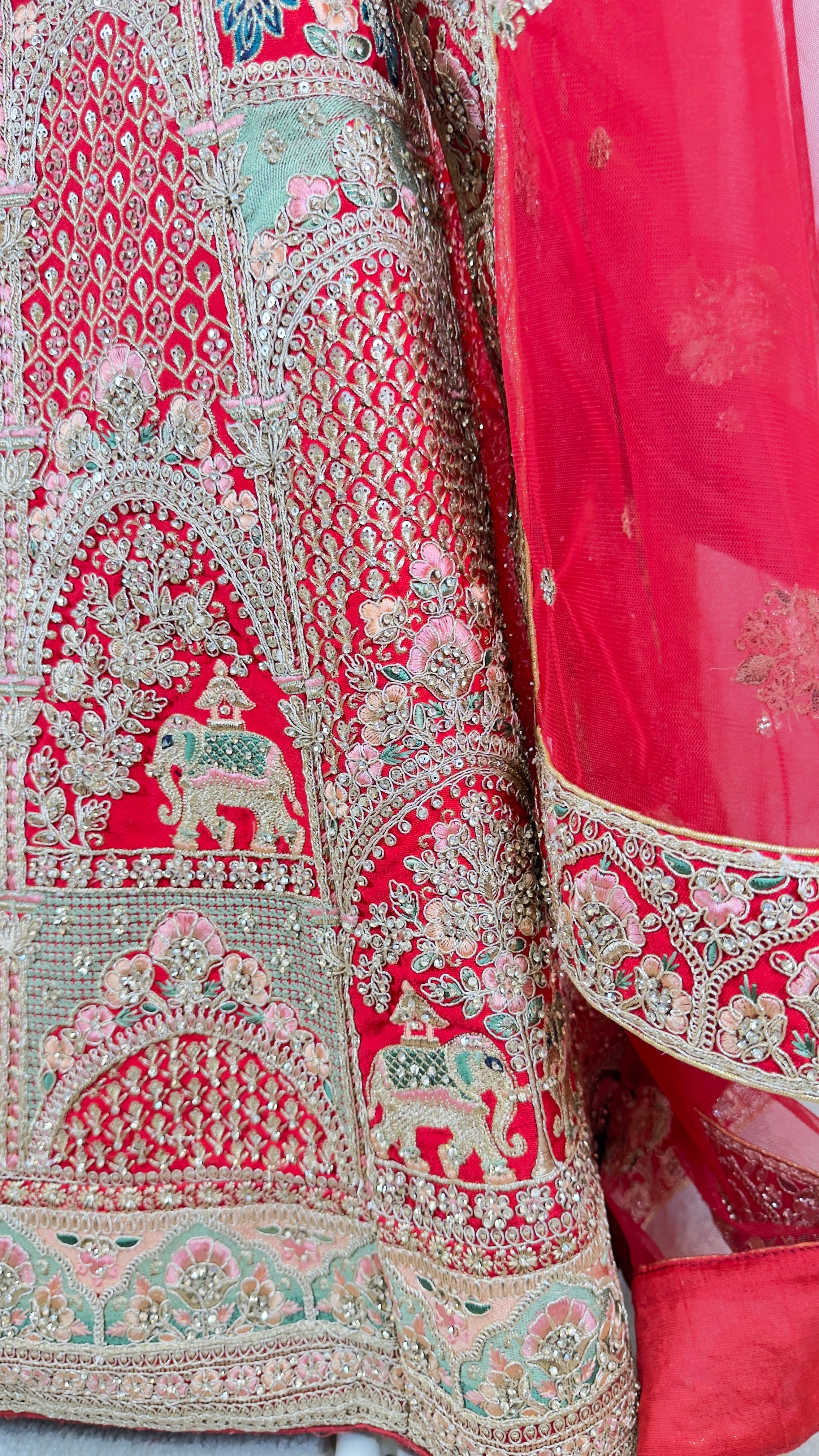Crimson Red Silk Bridal Lehenga with Golden Handwork
