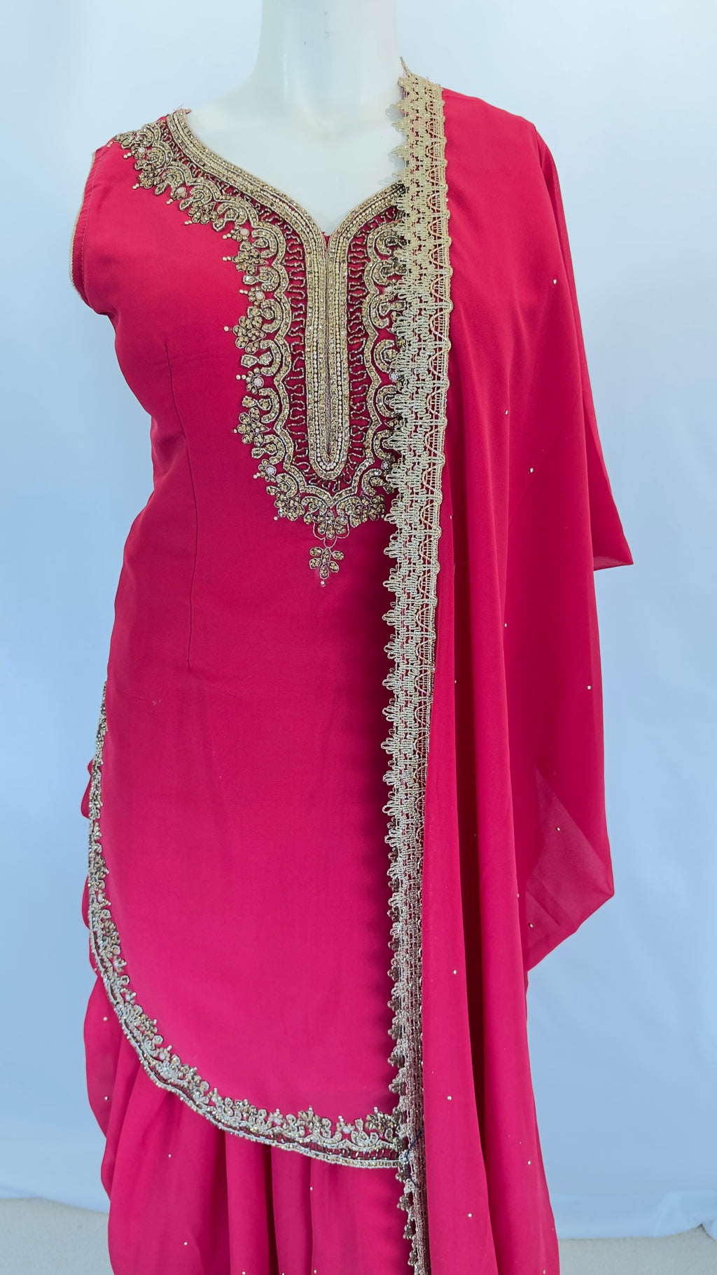 Red Dhoti-Style Outfit with Golden Embroidery