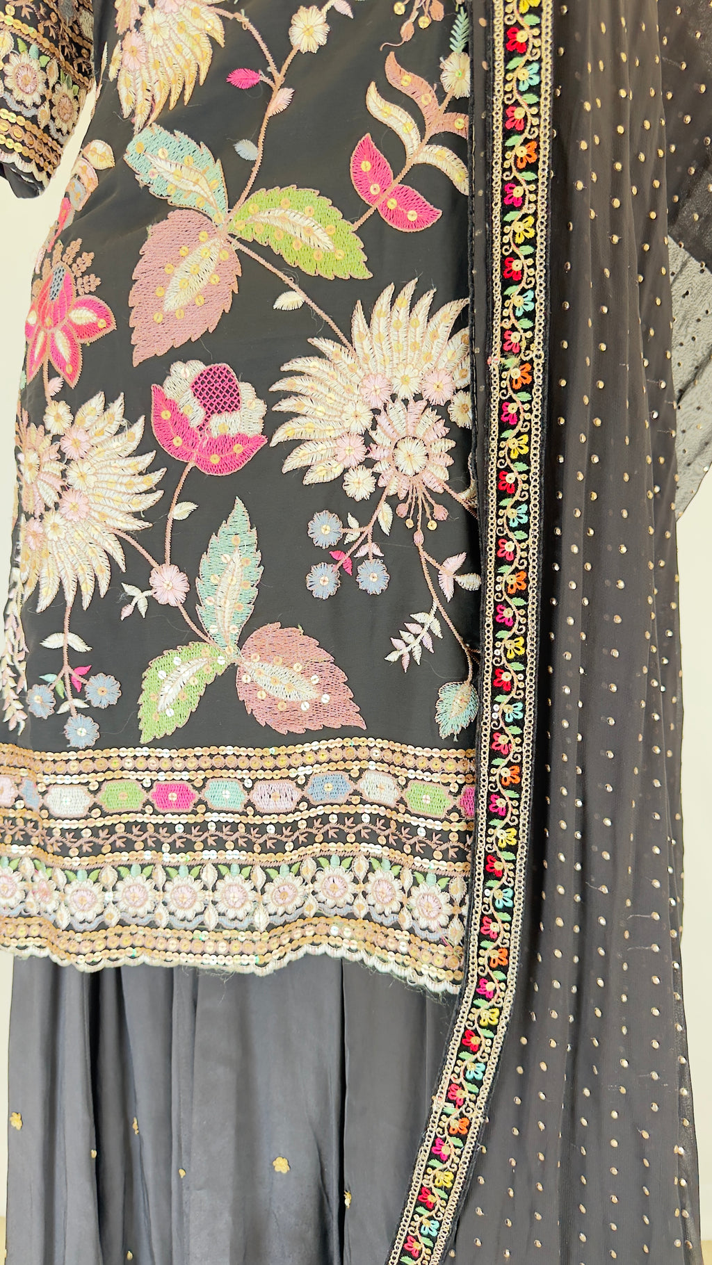 Black Crepe Floral Sharara Set with Chinon Dupatta