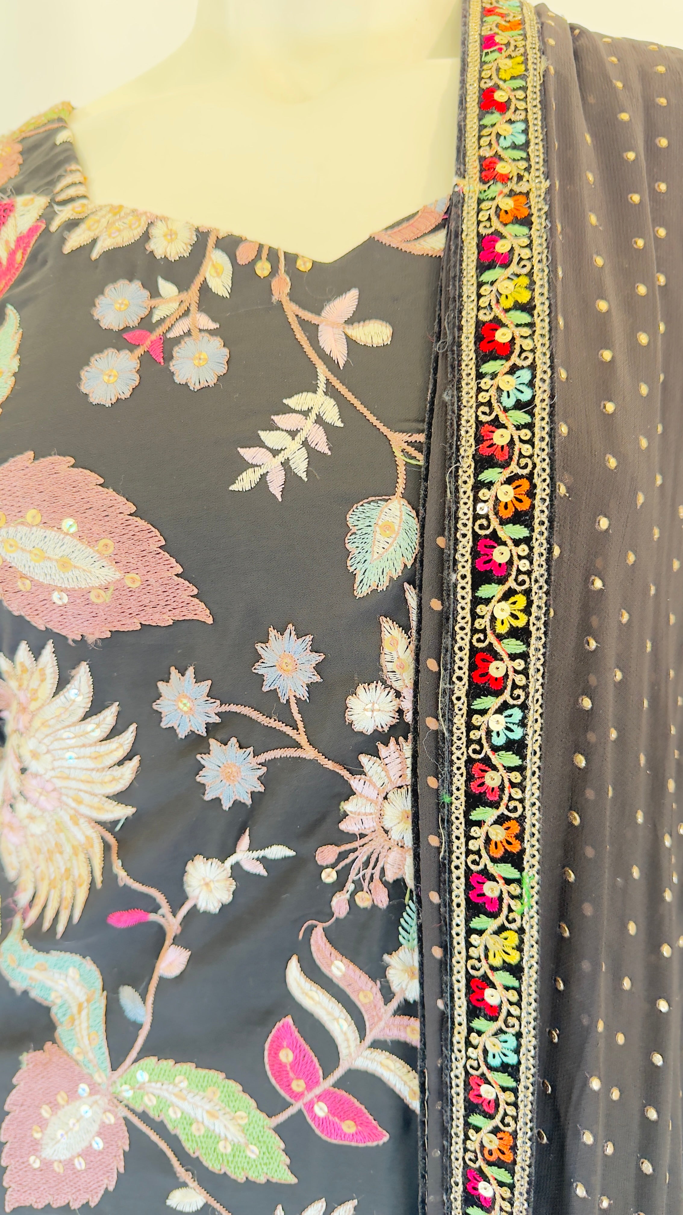 Black Crepe Floral Sharara Set with Chinon Dupatta