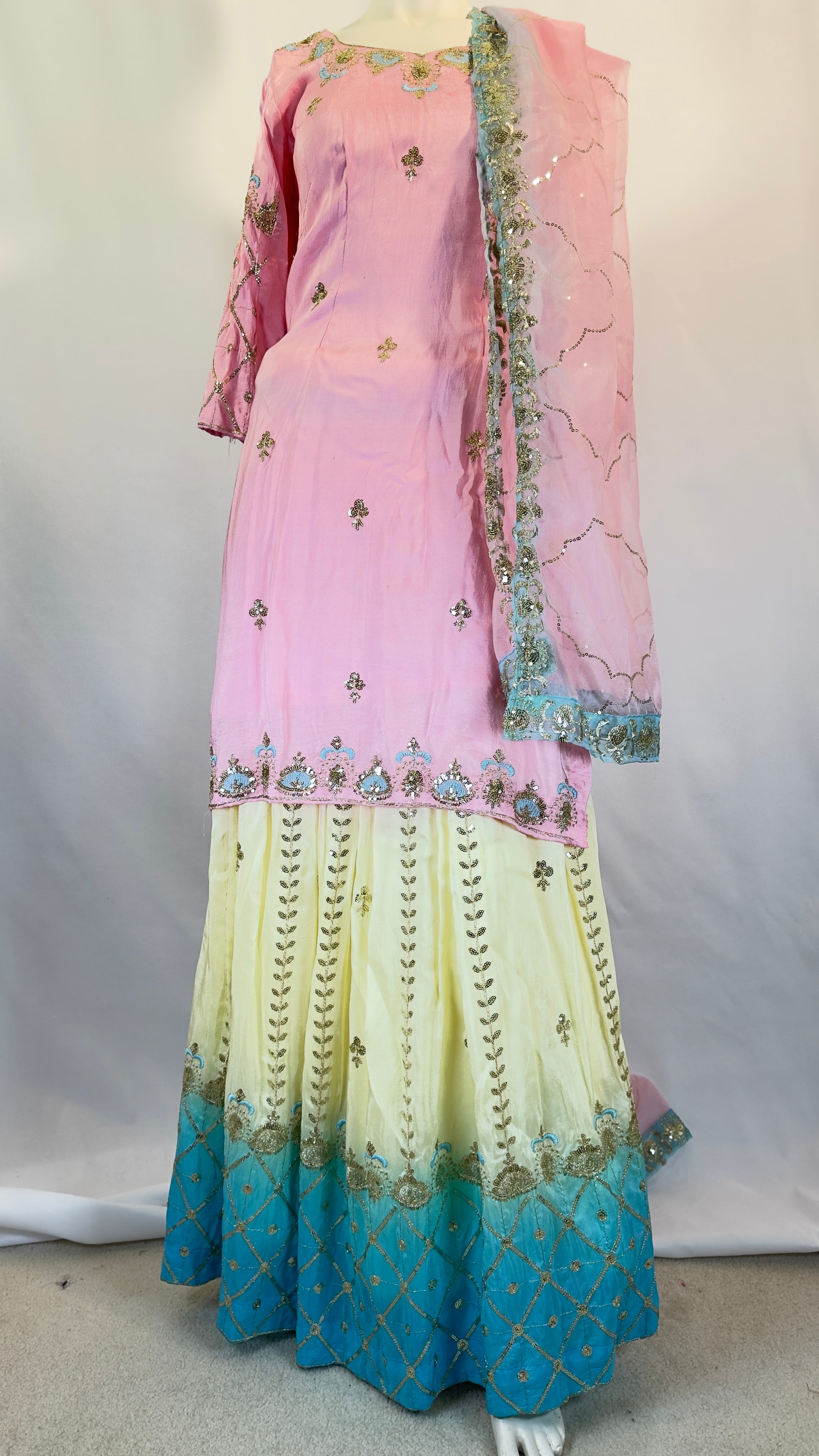 Pastel Triple Blend Lehenga Set with Embroidered Jaal Dupatta