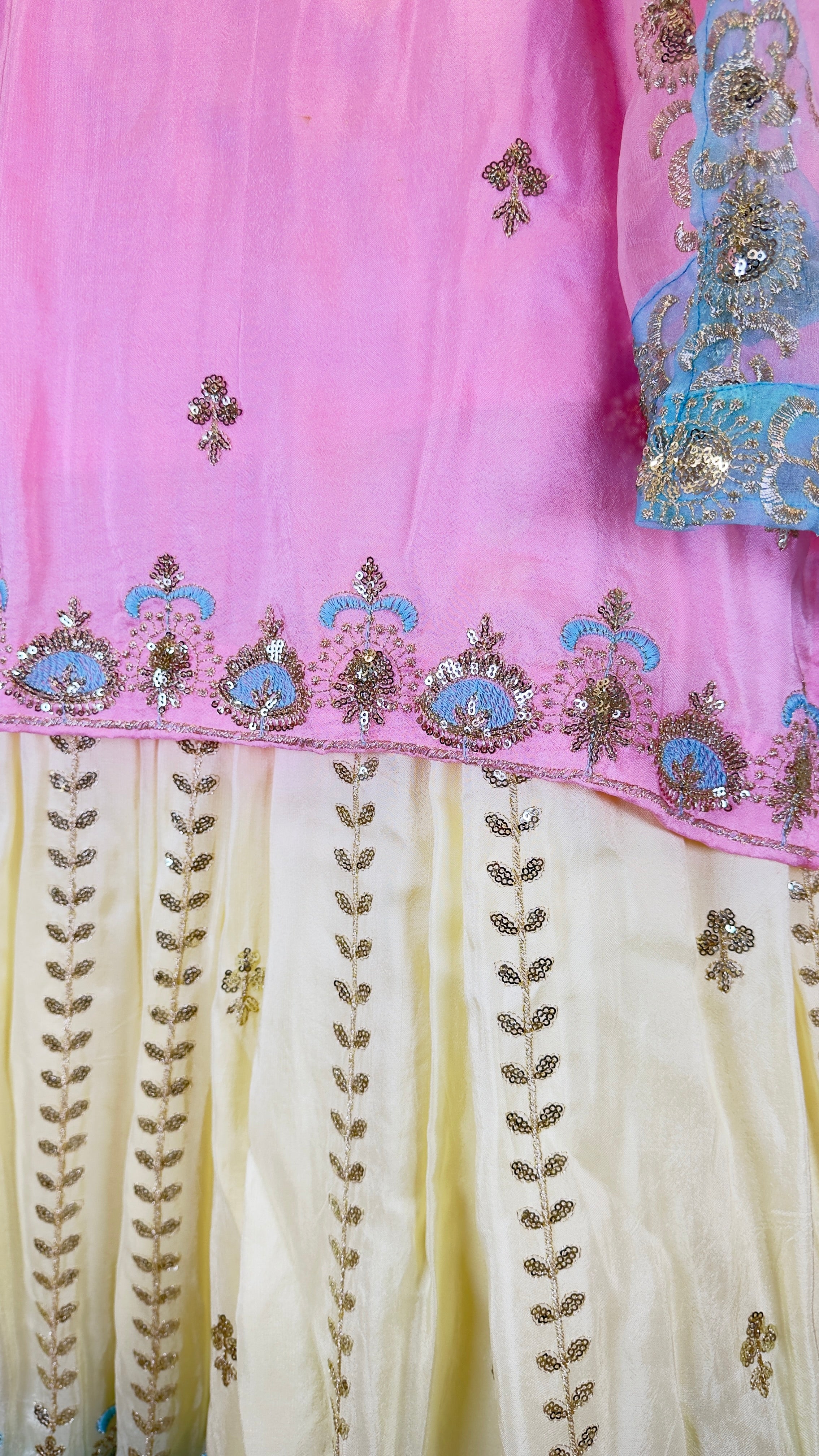 Pastel Triple Blend Lehenga Set with Embroidered Jaal Dupatta