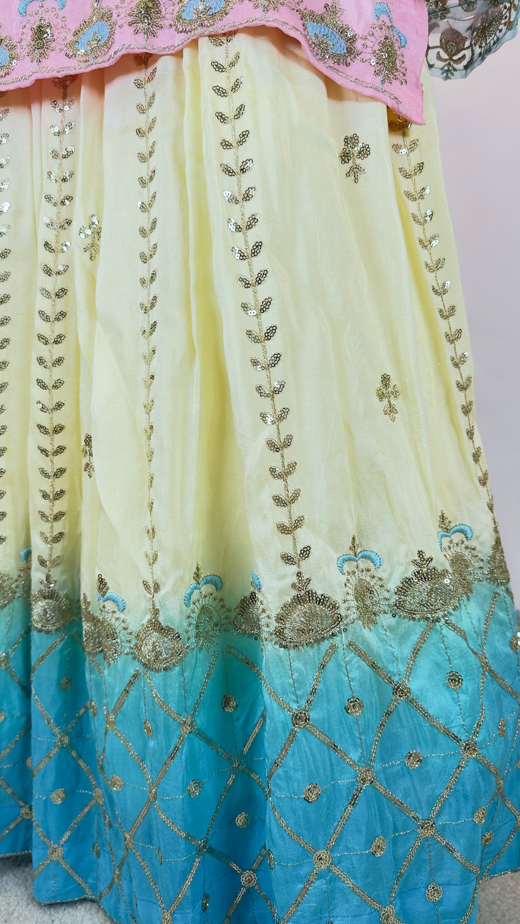 Pastel Triple Blend Lehenga Set with Embroidered Jaal Dupatta