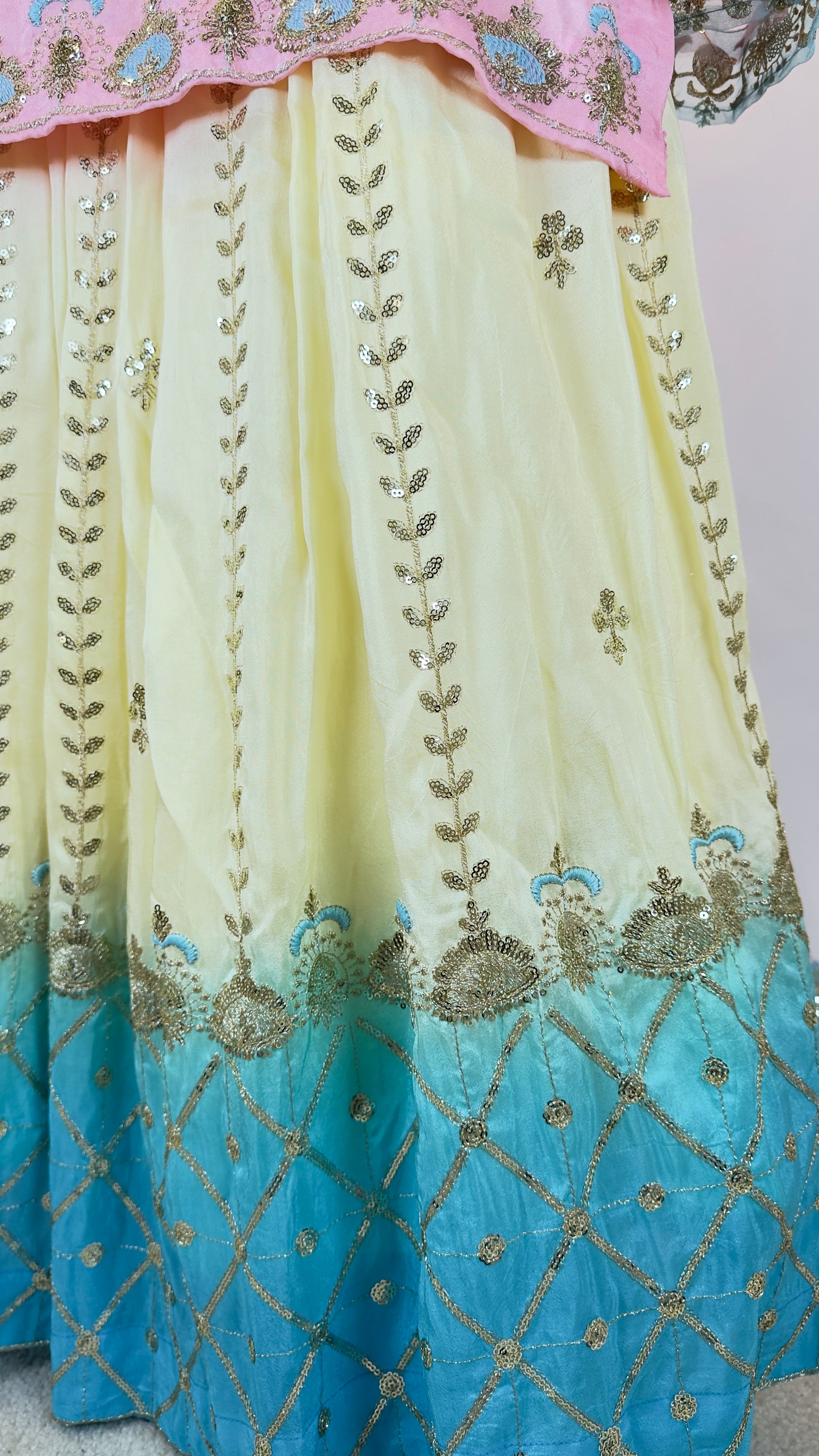 Pastel Triple Blend Lehenga Set with Embroidered Jaal Dupatta