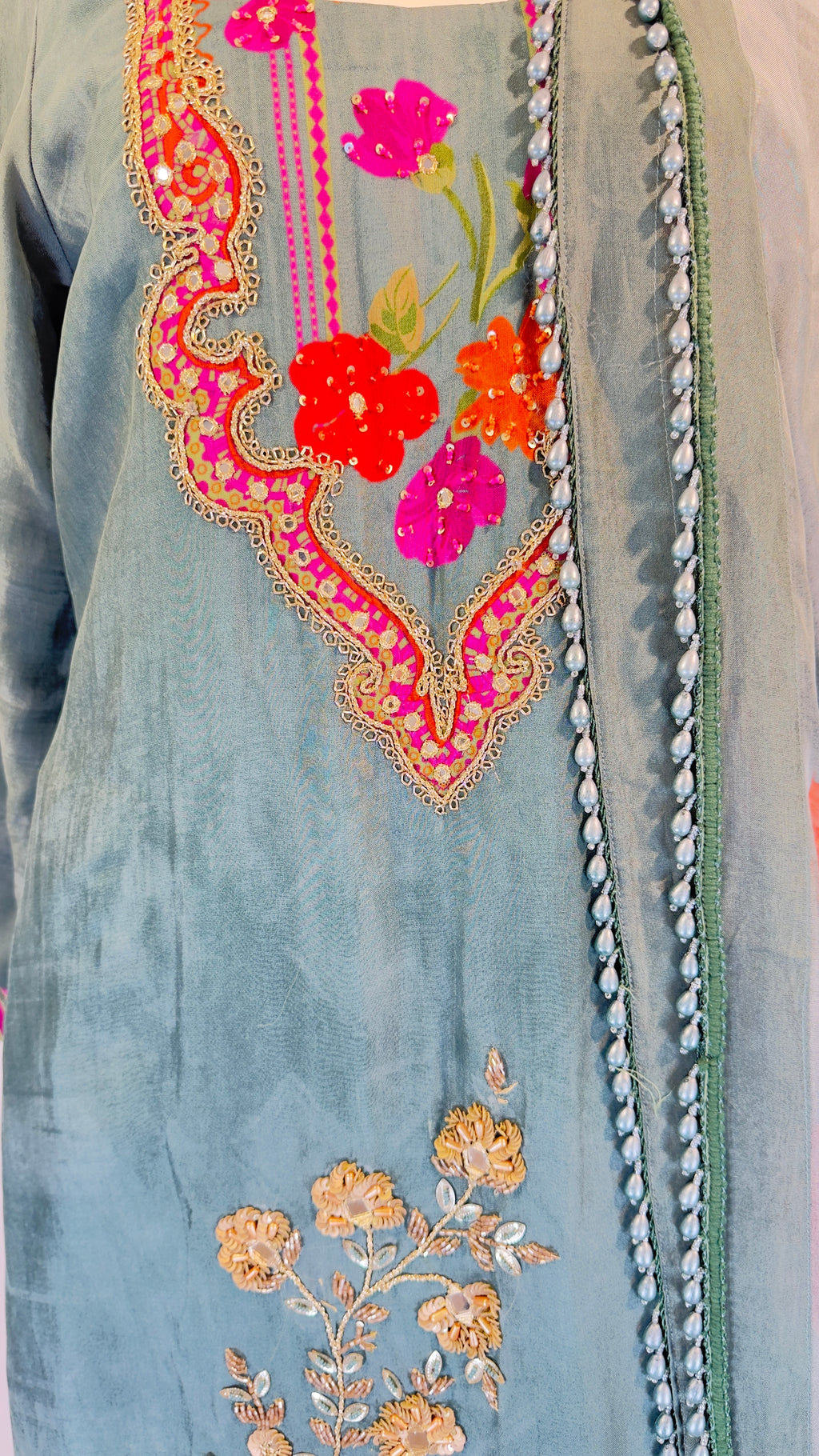 Dusty Blue Floral Embroidered Coord Set with Dupatta