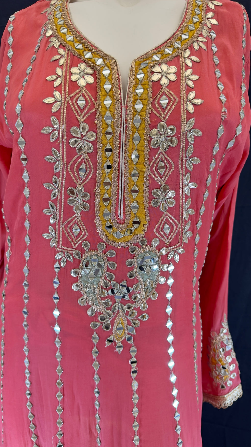 Coral Pink Mirror Work Long Gown