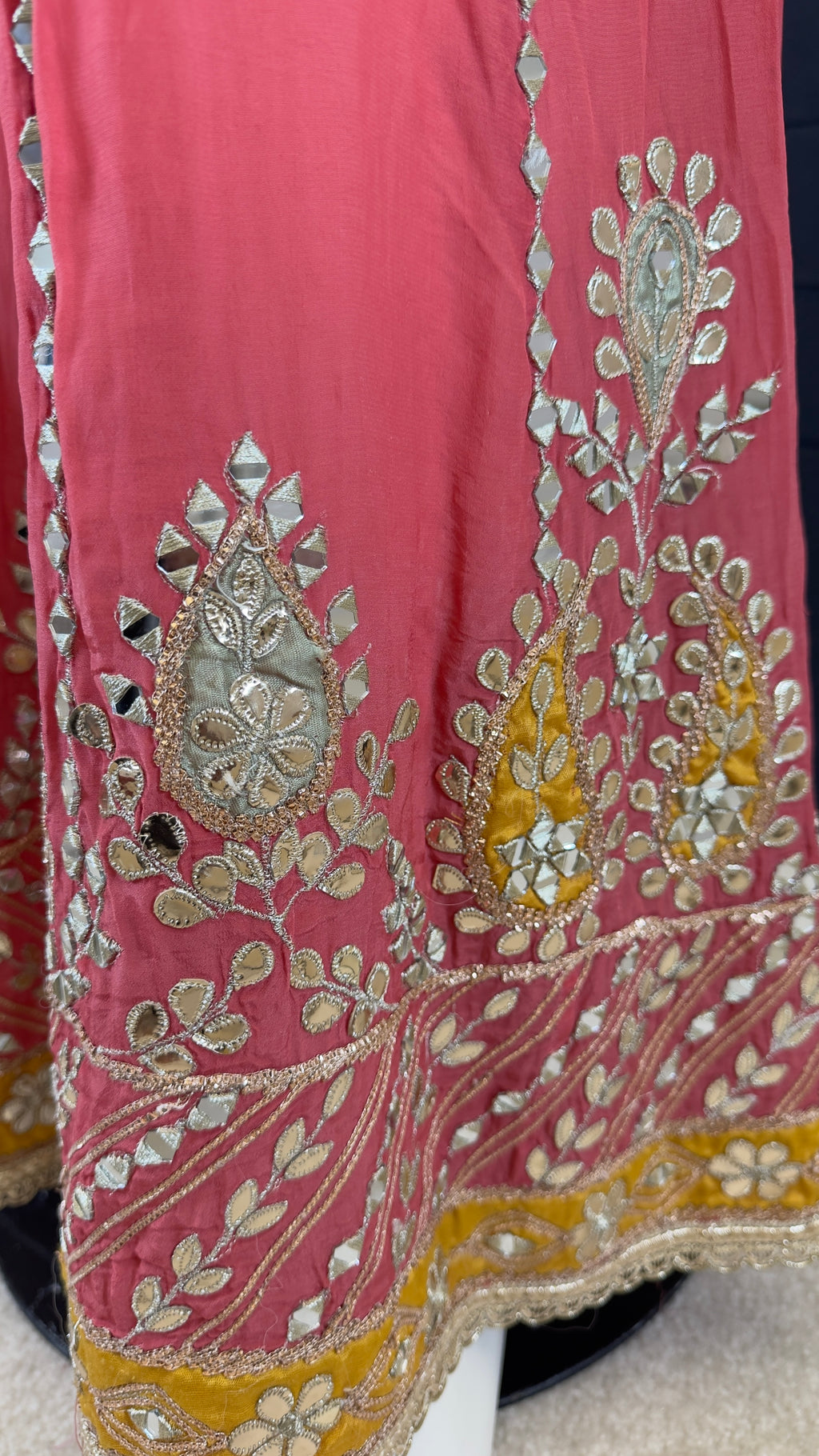 Coral Pink Mirror Work Long Gown