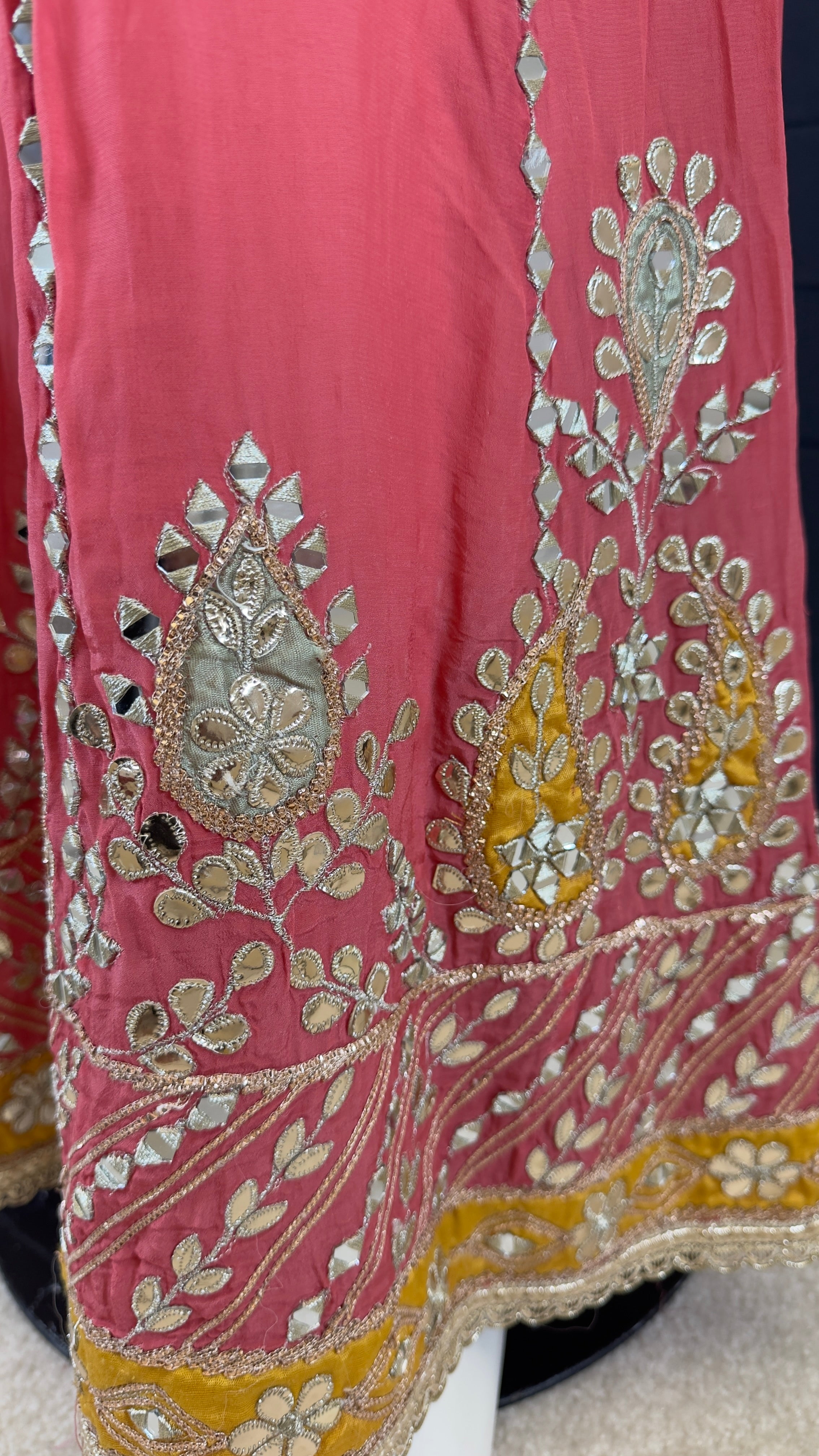 Coral Pink Mirror Work Long Gown