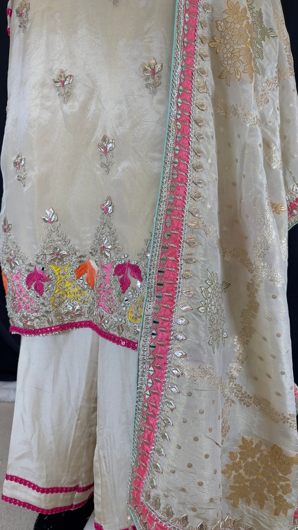 Creme Beige Gold Pure Shimmer Silk Palazo & Straight Pants Set