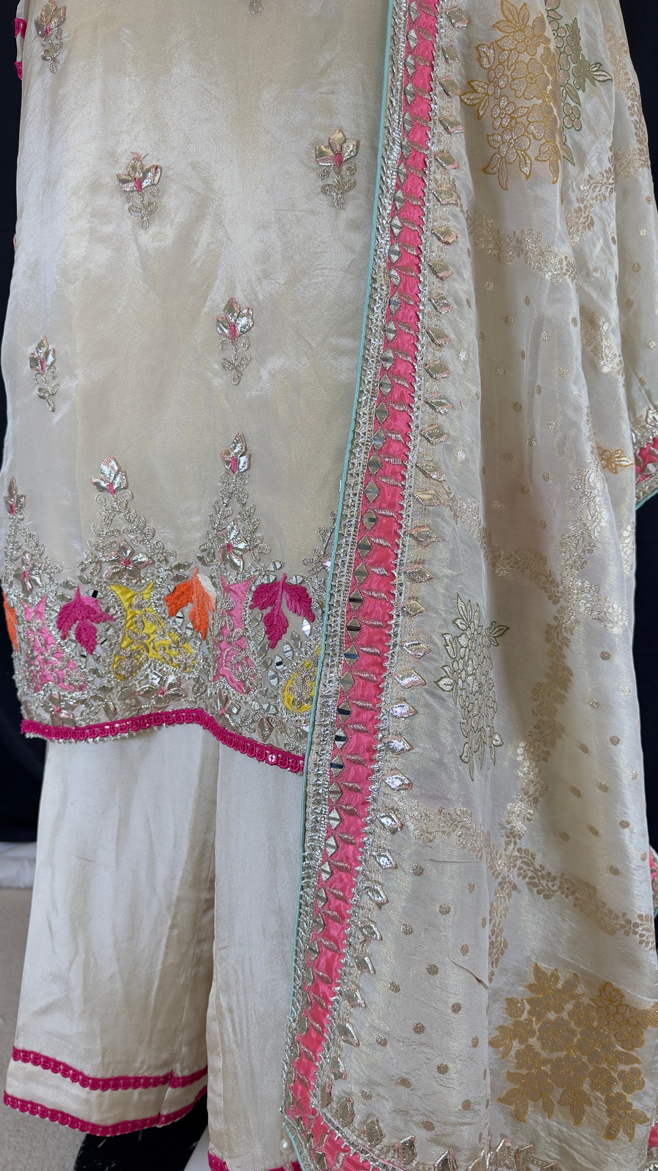 Creme Beige Gold Pure Shimmer Silk Palazo & Straight Pants Set