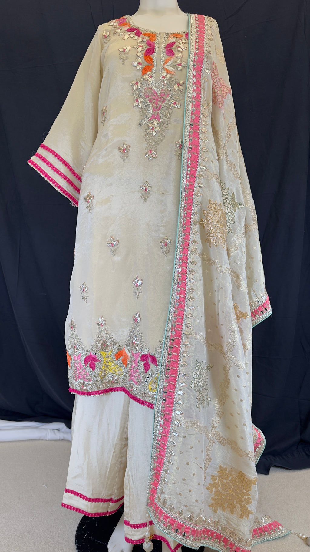 Creme Beige Gold Pure Shimmer Silk Palazo & Straight Pants Set