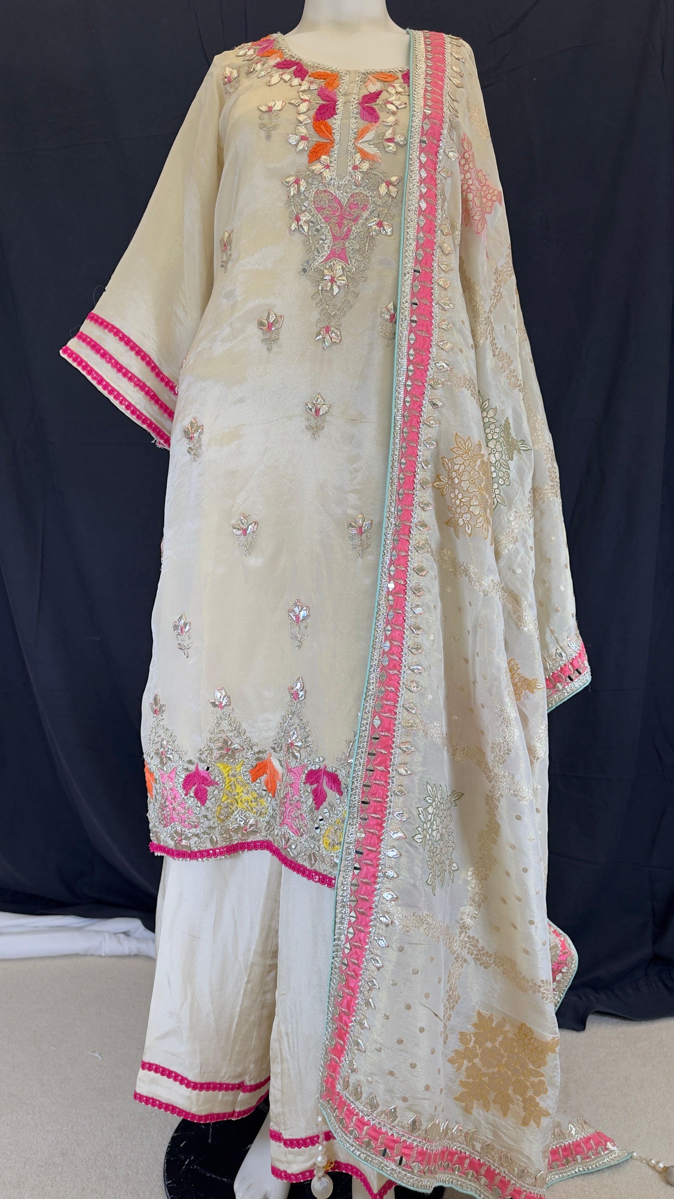 Creme Beige Gold Pure Shimmer Silk Palazo & Straight Pants Set