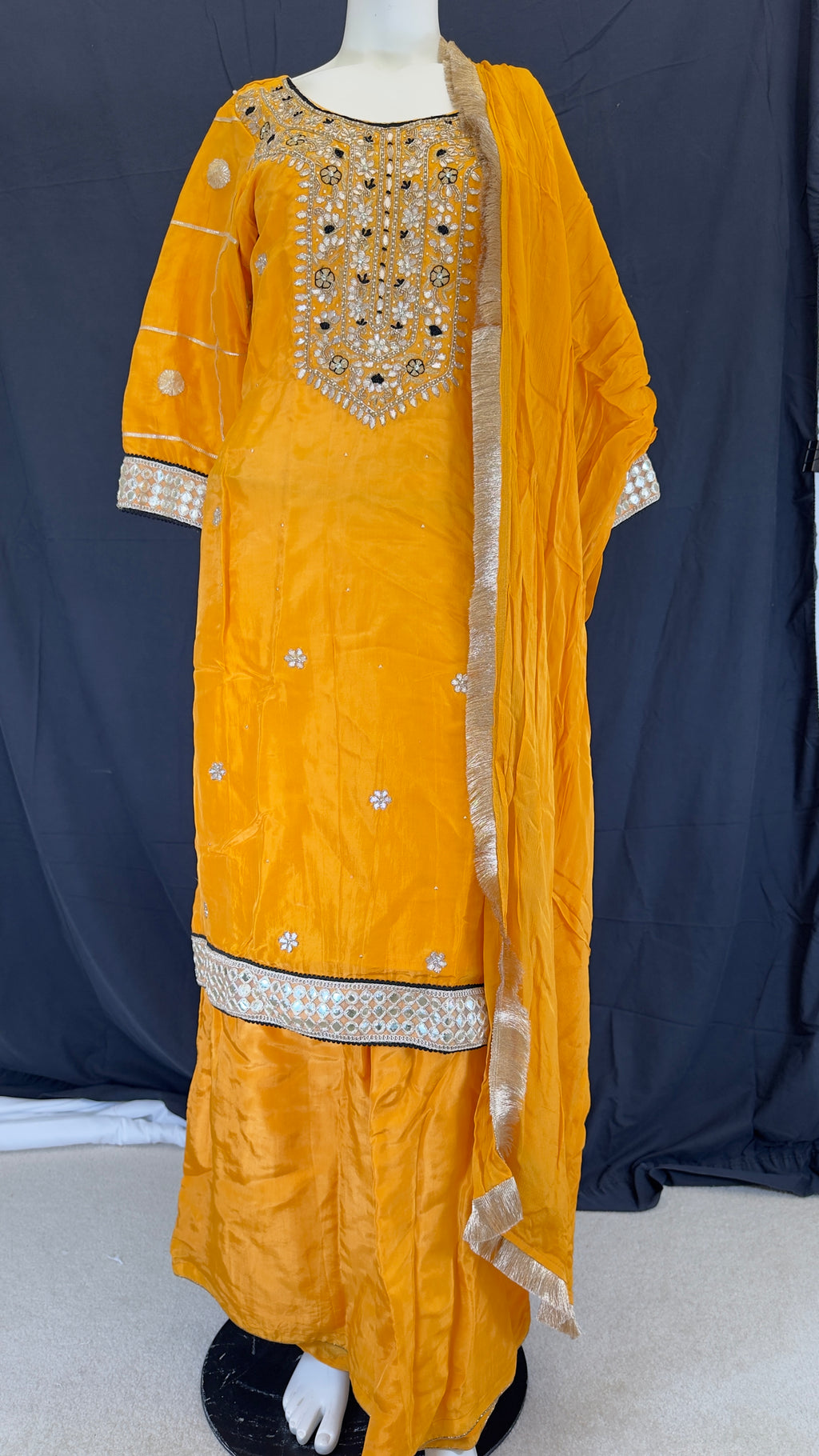 Mustard Amber Yellow Pure Upada Silk Gotta Patti 3-Piece Palazo Set
