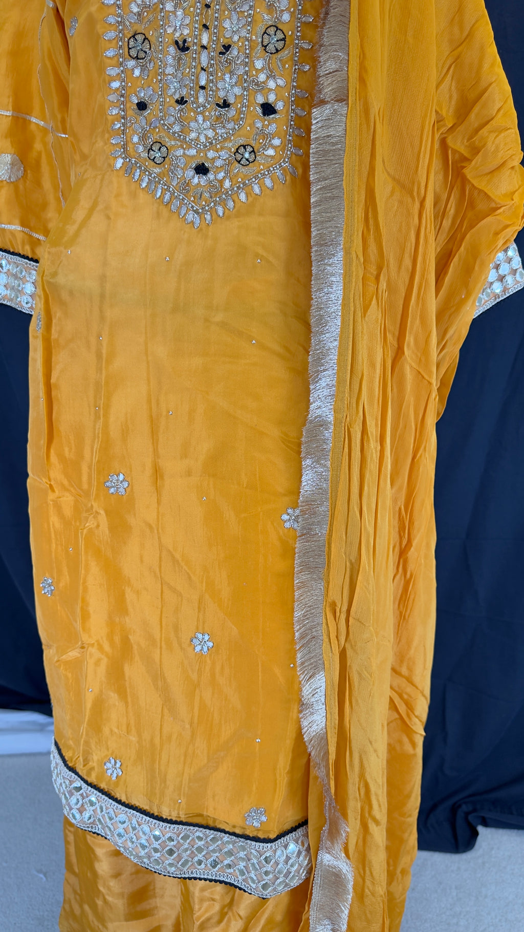 Mustard Amber Yellow Pure Upada Silk Gotta Patti 3-Piece Palazo Set