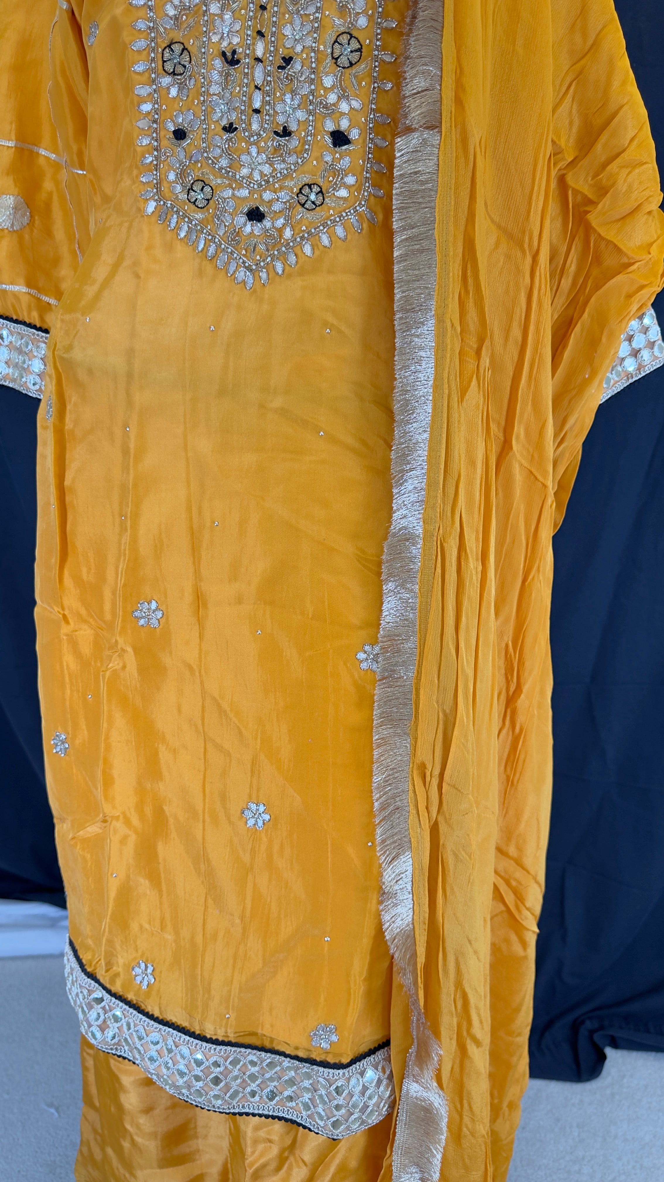 Mustard Amber Yellow Pure Upada Silk Gotta Patti 3-Piece Palazo Set