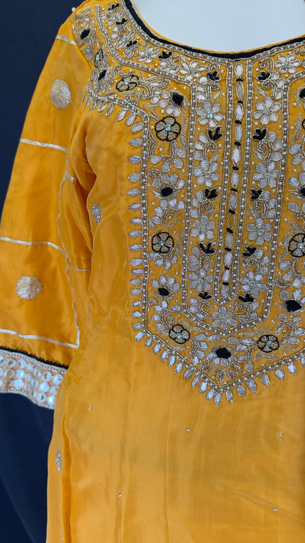 Mustard Amber Yellow Pure Upada Silk Gotta Patti 3-Piece Palazo Set