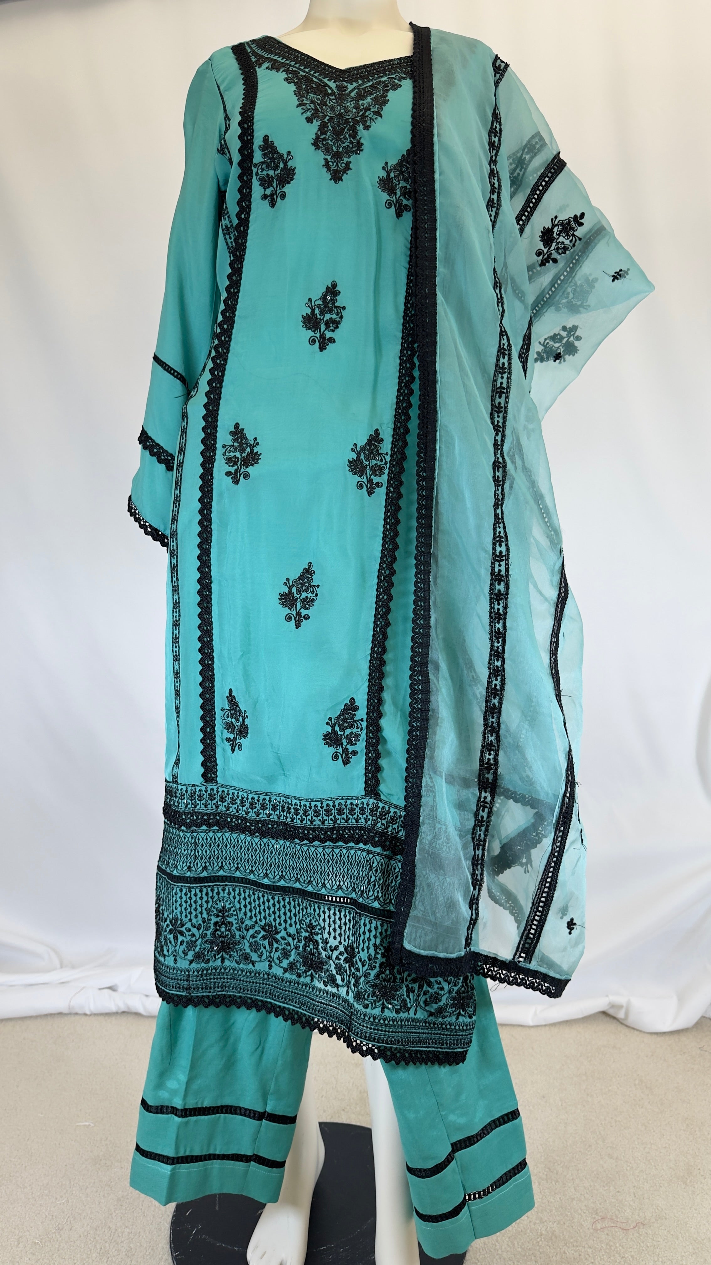 Turquoise & Aqua Blue Cotton Silk Palazo 3-Piece Set with Black Resham Embroidery