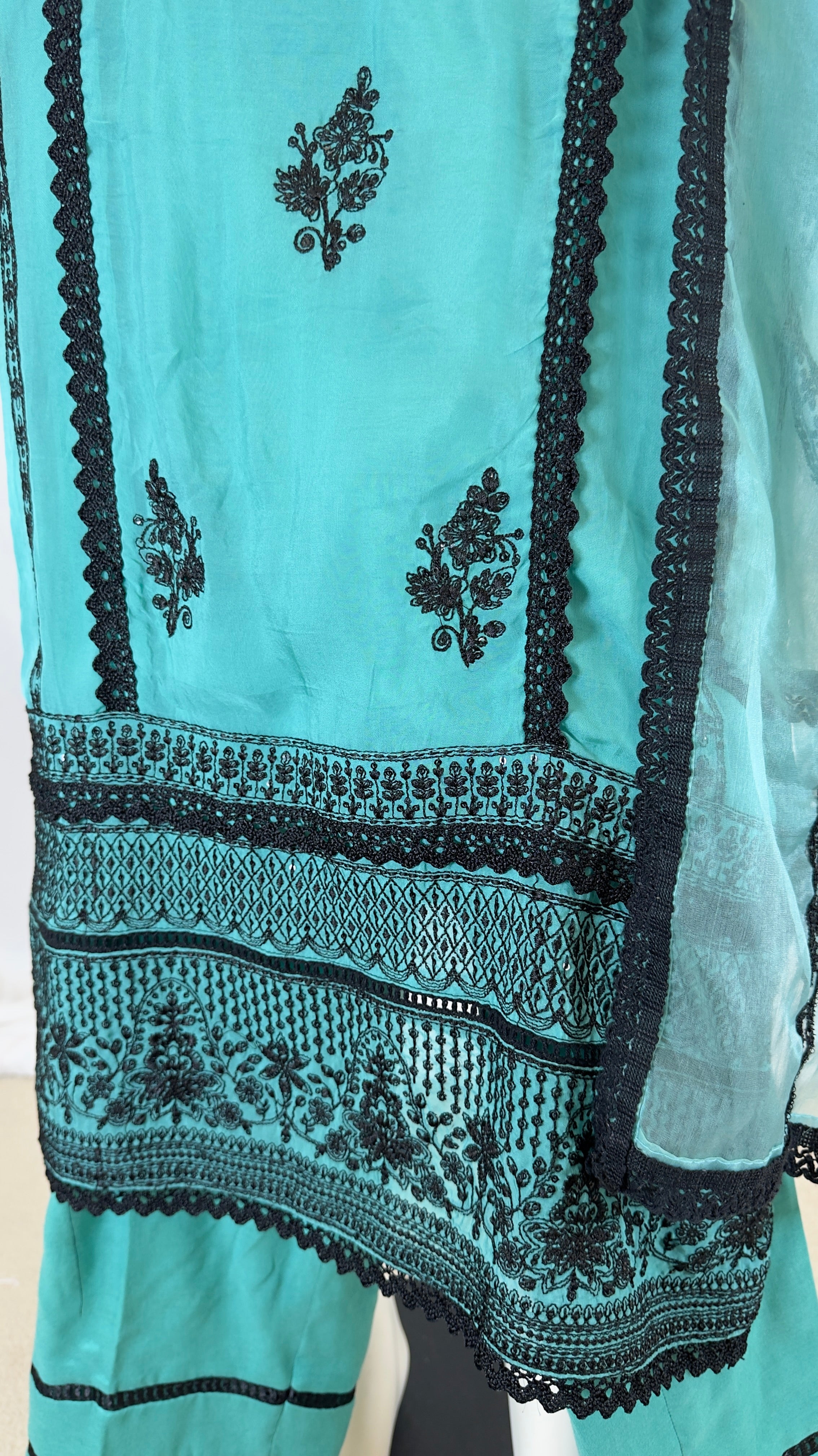 Turquoise & Aqua Blue Cotton Silk Palazo 3-Piece Set with Black Resham Embroidery