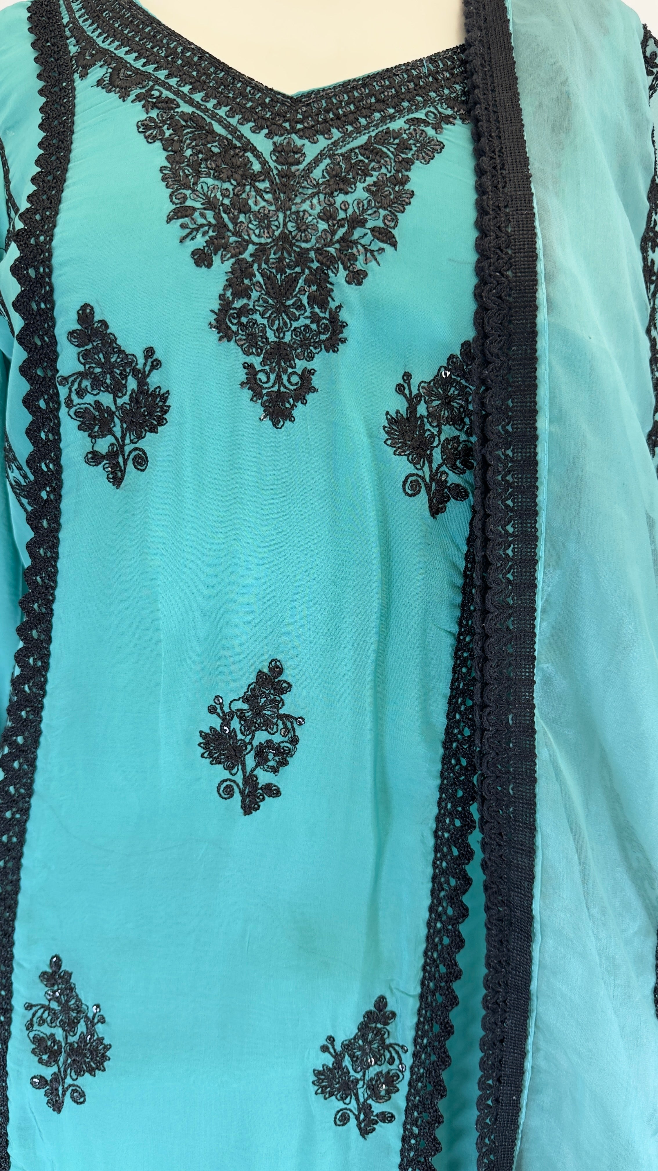 Turquoise & Aqua Blue Cotton Silk Palazo 3-Piece Set with Black Resham Embroidery