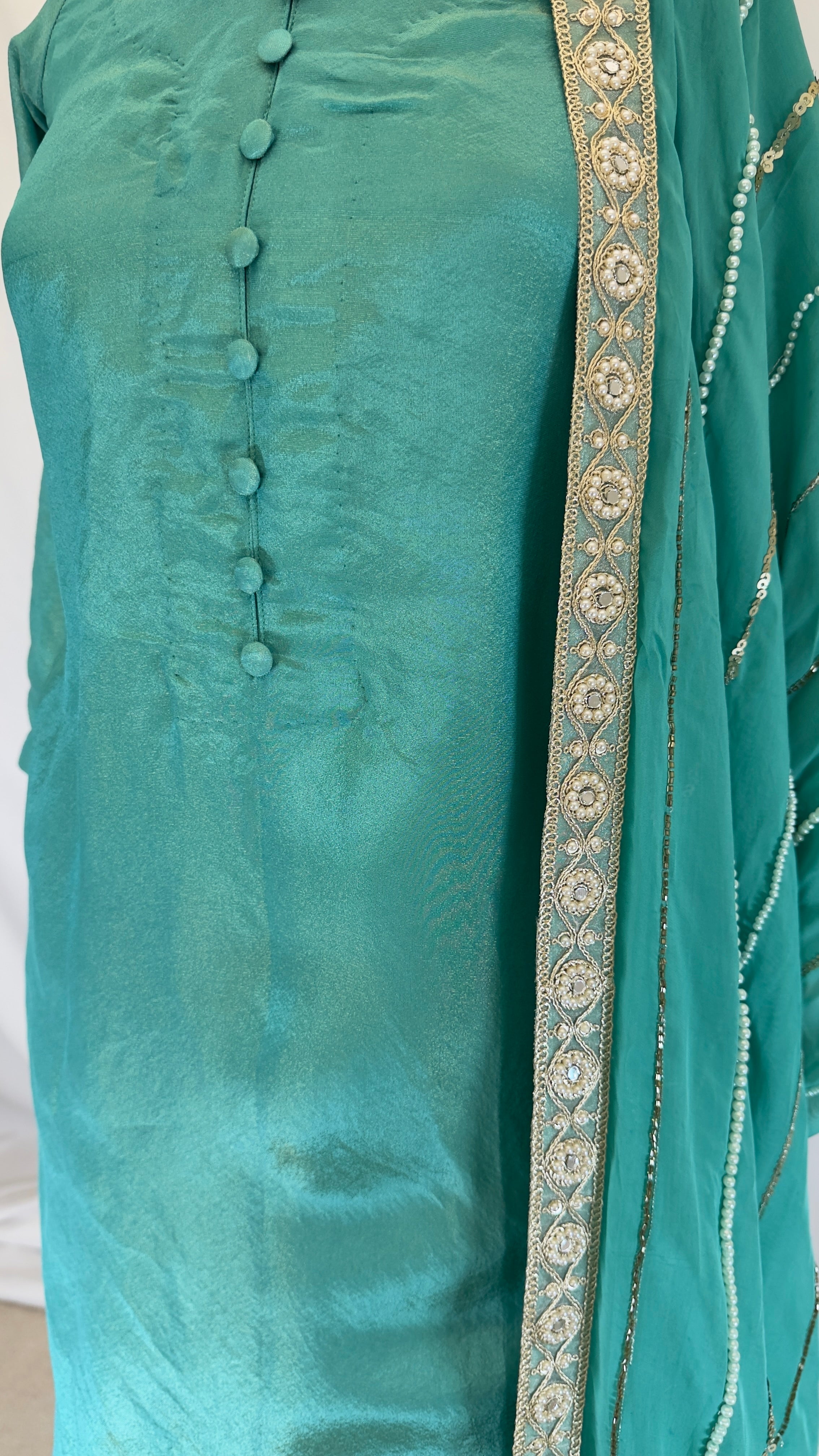 Firozi Breezy Glam — Teal Blue Shimmer Silk 3-Piece Palazo Set