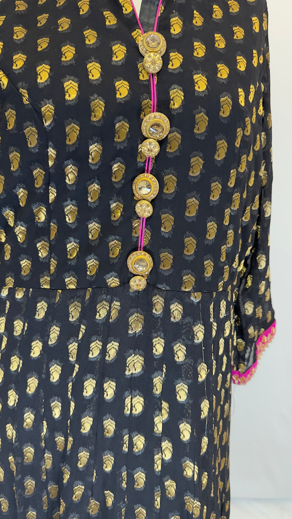 Black Pure Georgette Self Print Gown with Hot Pink & Gold Embroidery