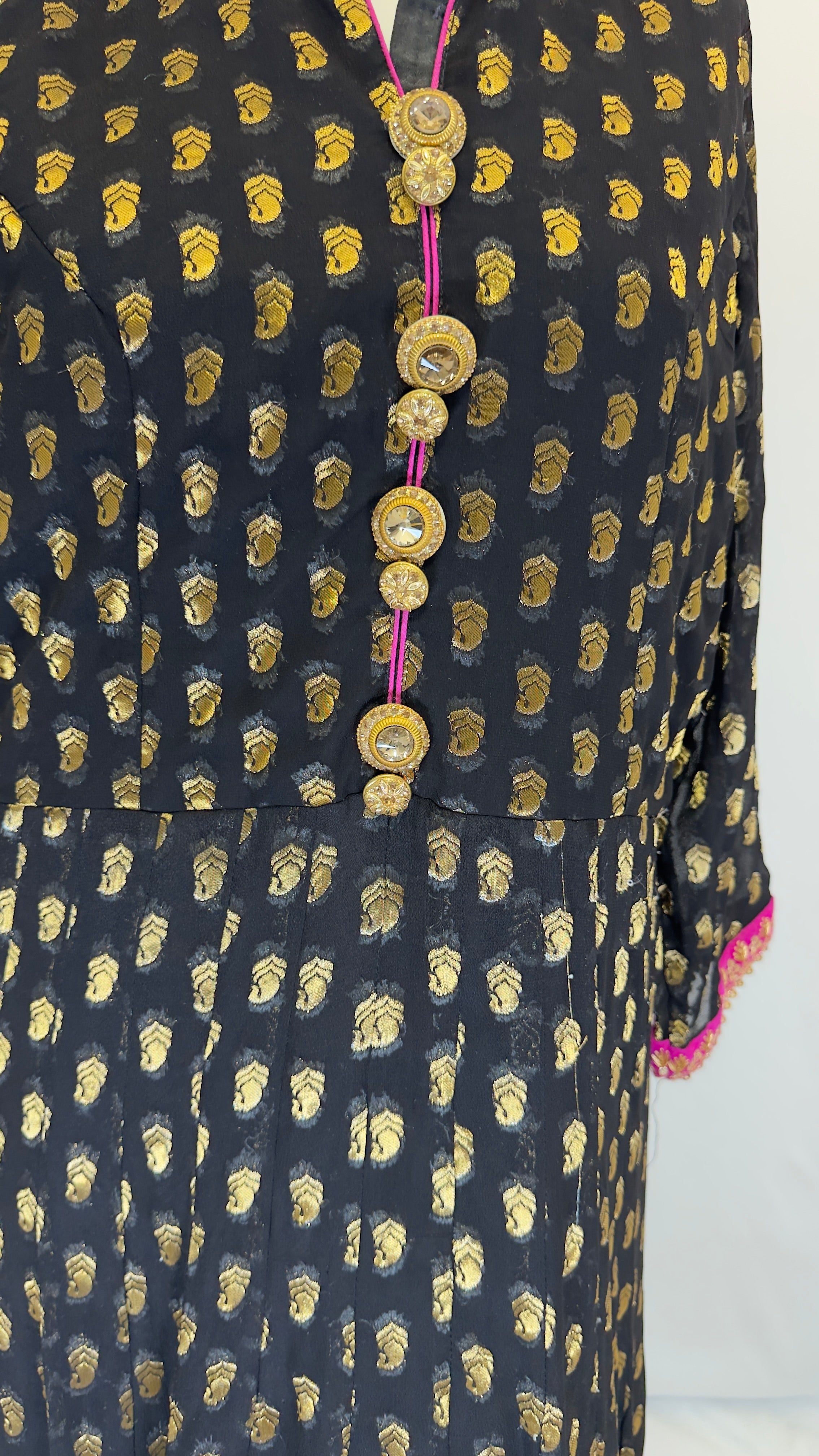 Black Pure Georgette Self Print Gown with Hot Pink & Gold Embroidery