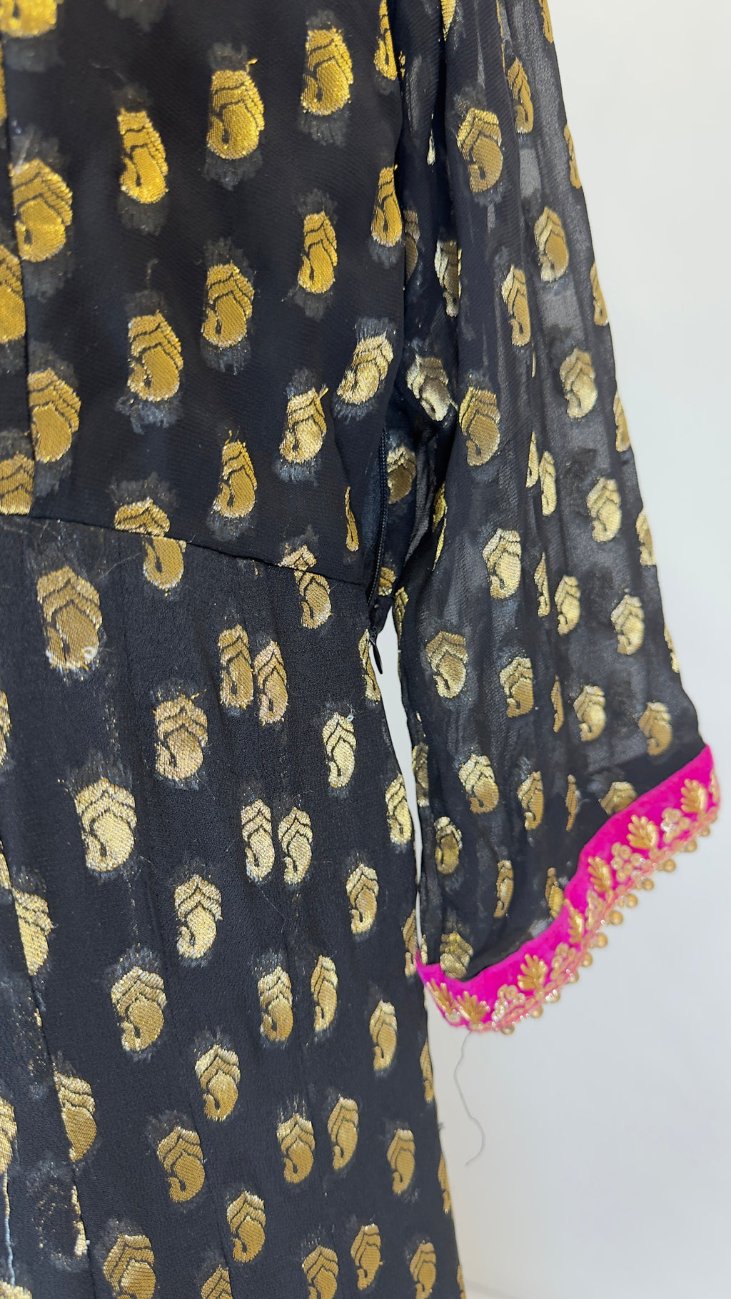 Black Pure Georgette Self Print Gown with Hot Pink & Gold Embroidery