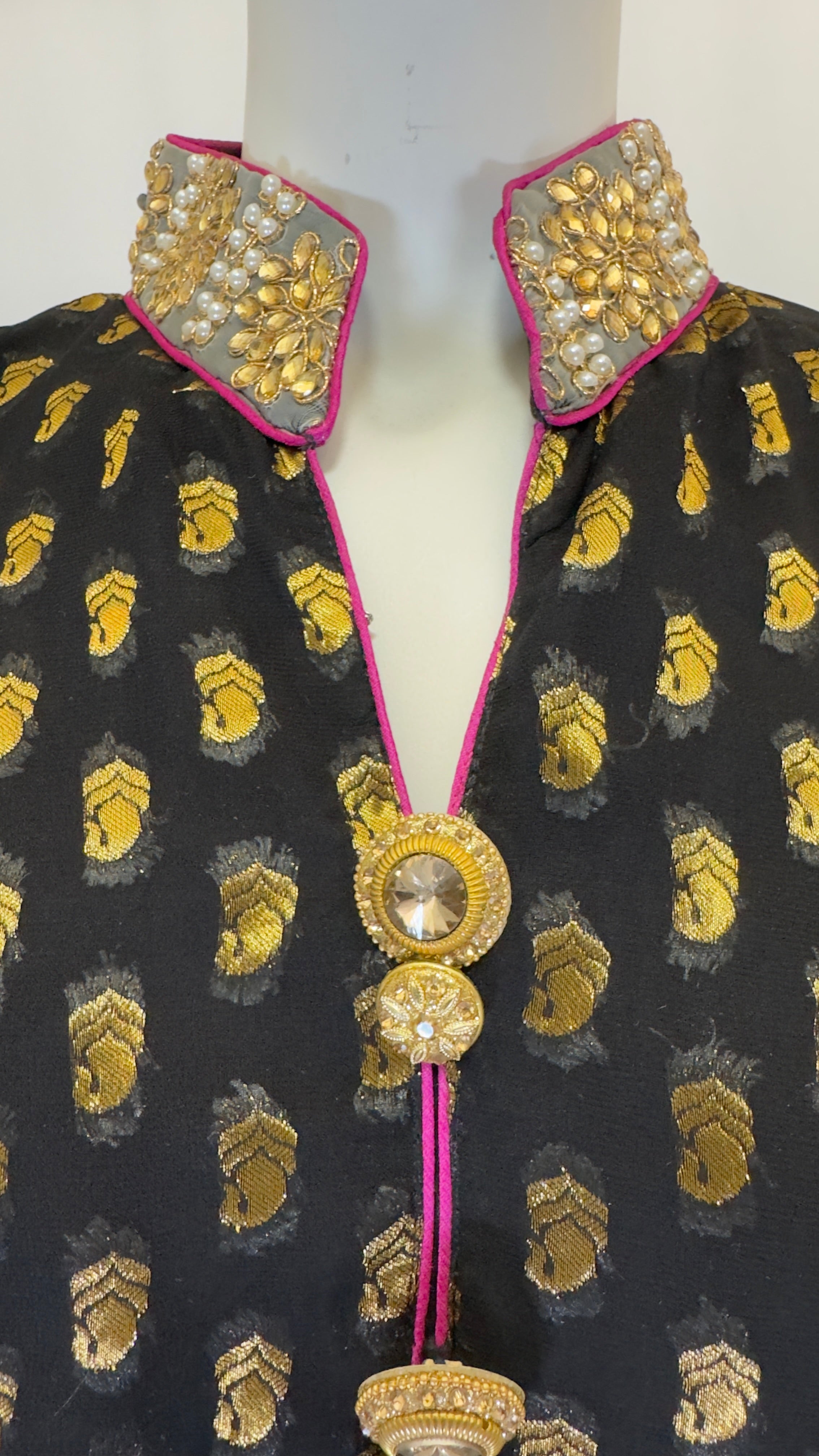 Black Pure Georgette Self Print Gown with Hot Pink & Gold Embroidery