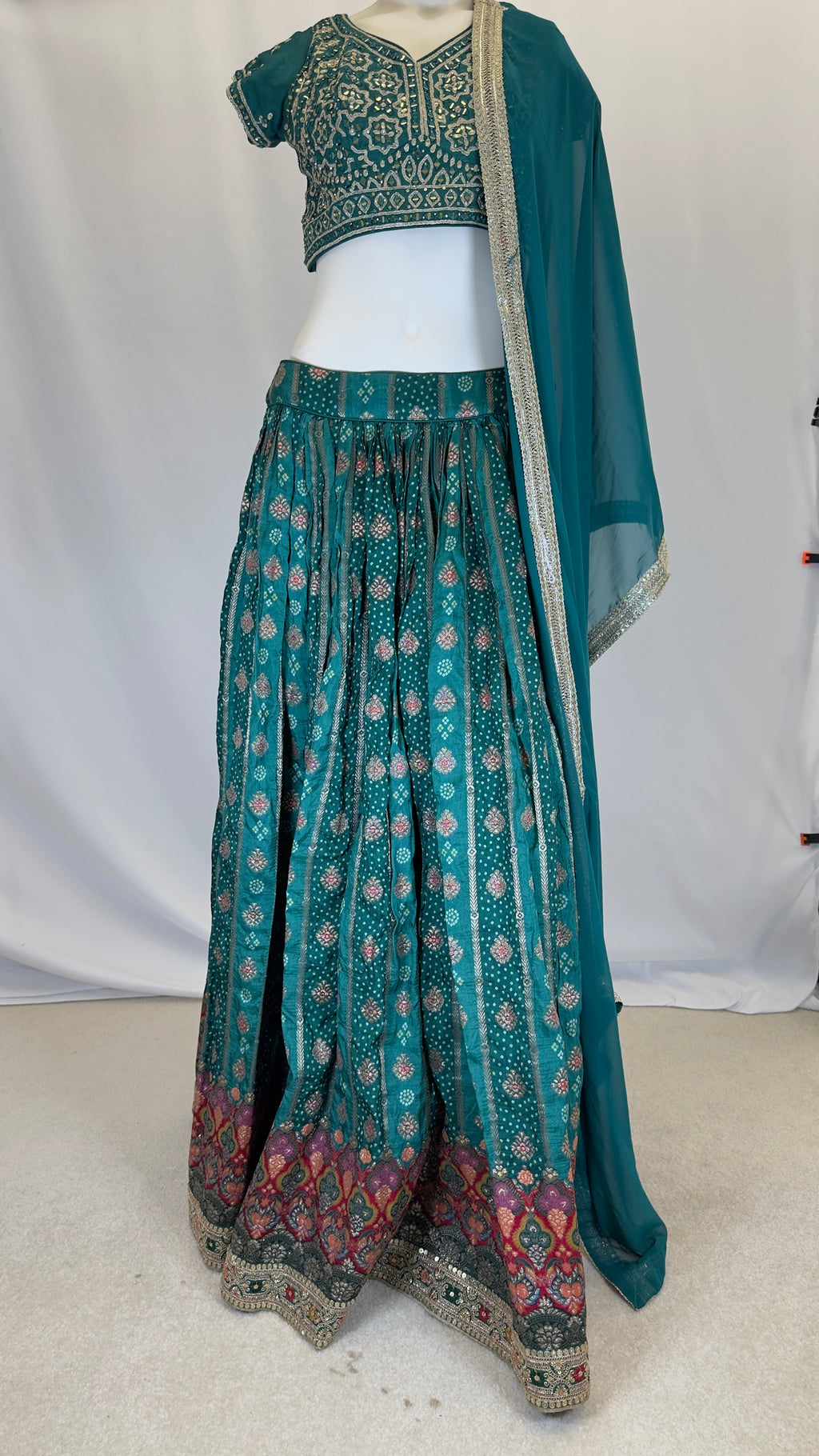 Dark Green Pure Chinon Silk Digital Print 3-Piece Lehenga Set