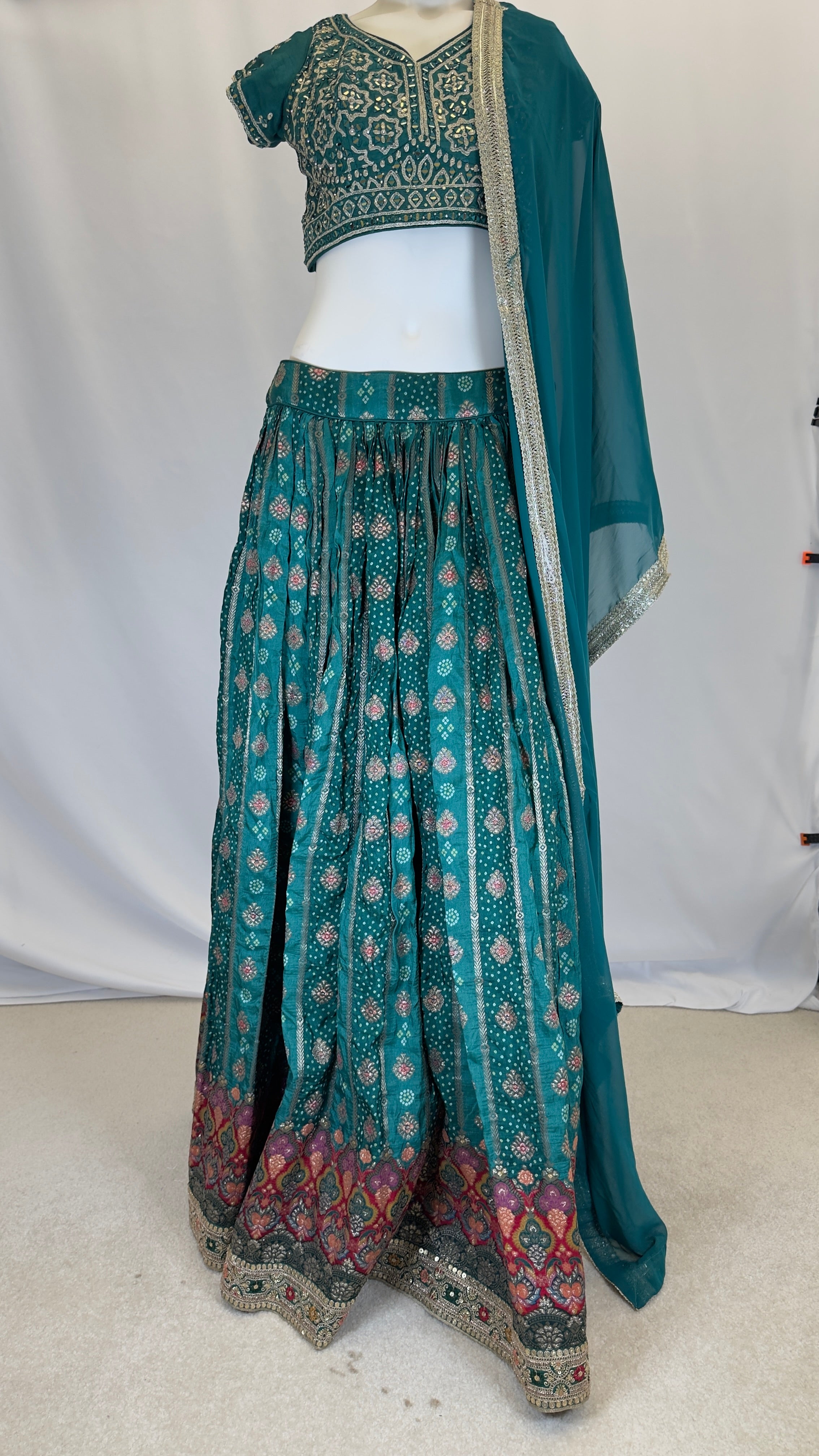 Dark Green Pure Chinon Silk Digital Print 3-Piece Lehenga Set