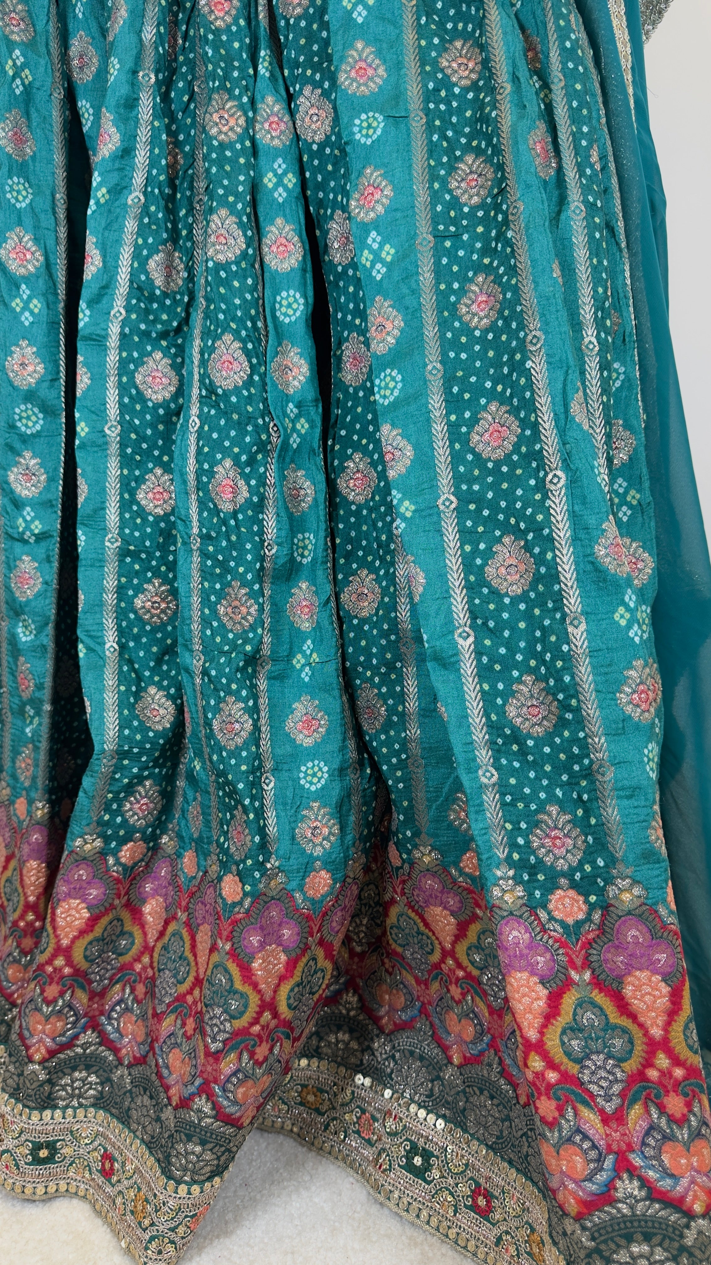 Dark Green Pure Chinon Silk Digital Print 3-Piece Lehenga Set