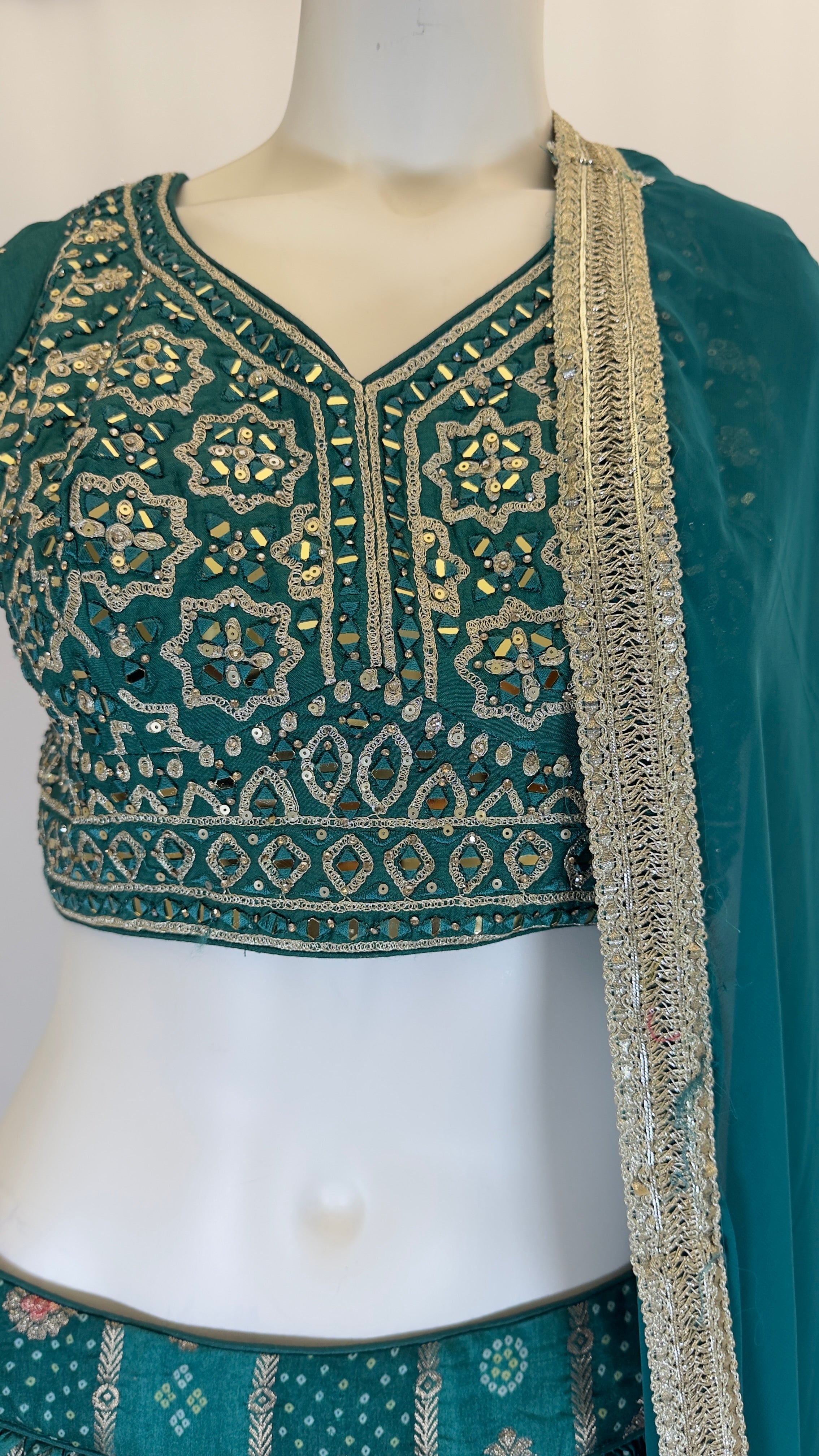 Dark Green Pure Chinon Silk Digital Print 3-Piece Lehenga Set