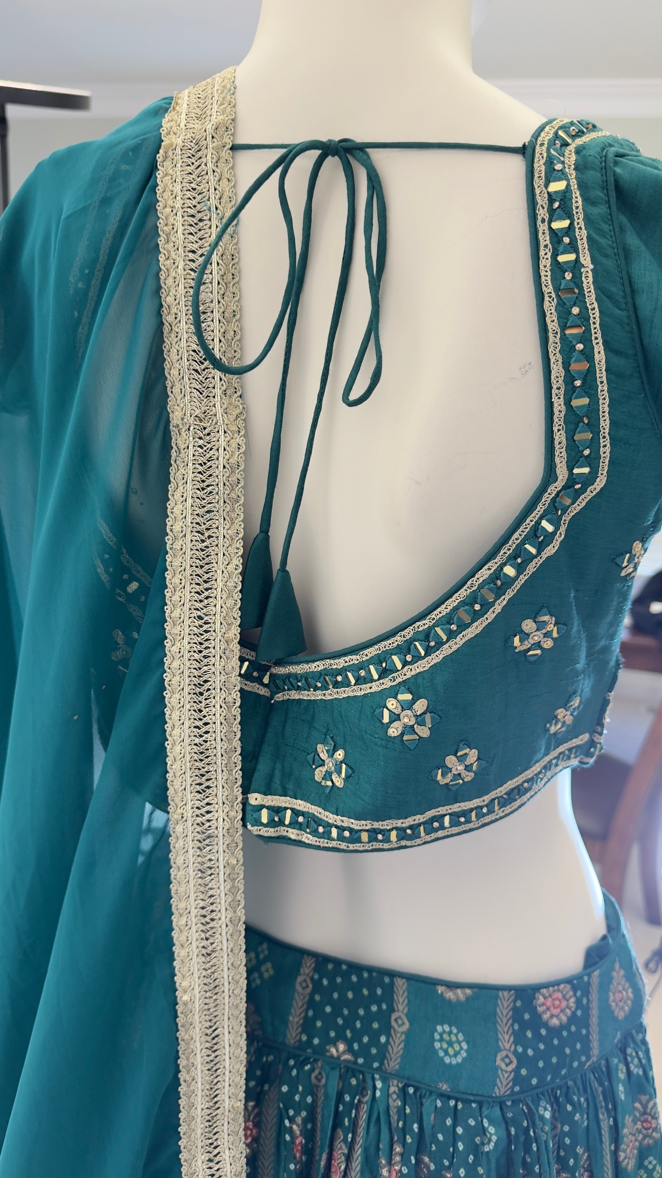 Dark Green Pure Chinon Silk Digital Print 3-Piece Lehenga Set