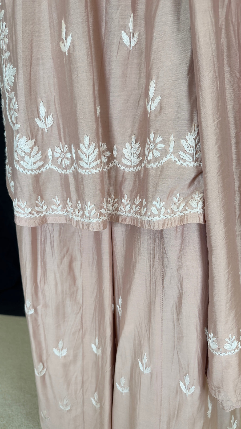 Dusty Blush Pink Rose Gold Chanderi Cotton Silk Sharara Set with White Chikankari-Inspired Embroidery