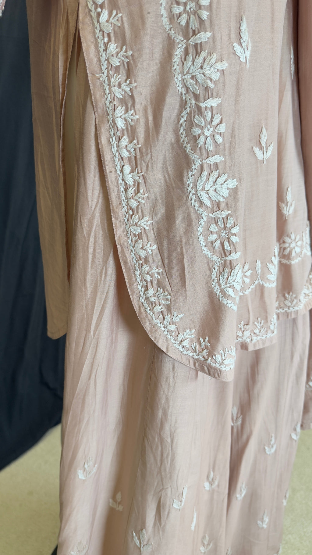 Dusty Blush Pink Rose Gold Chanderi Cotton Silk Sharara Set with White Chikankari-Inspired Embroidery