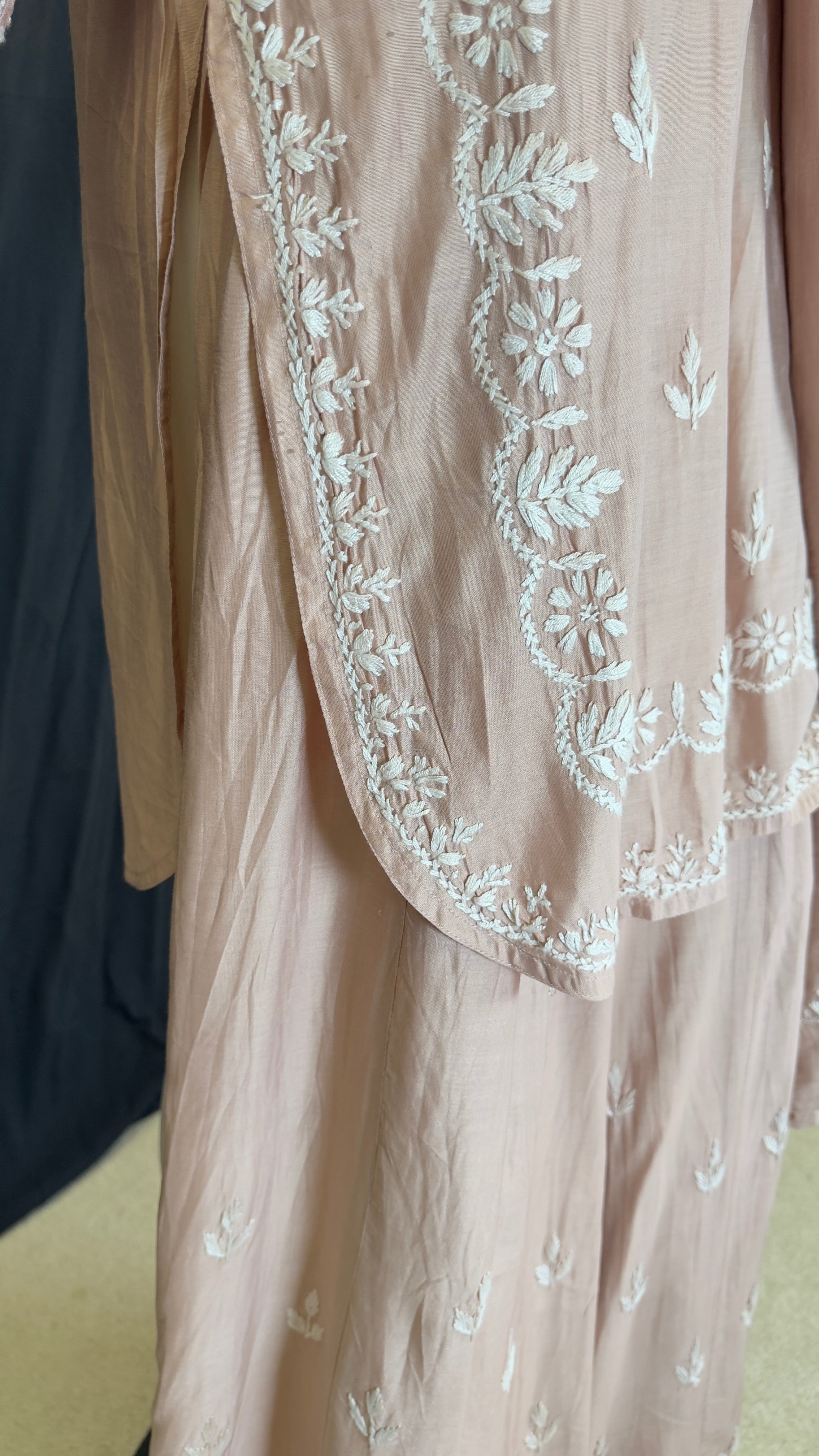 Dusty Blush Pink Rose Gold Chanderi Cotton Silk Sharara Set with White Chikankari-Inspired Embroidery