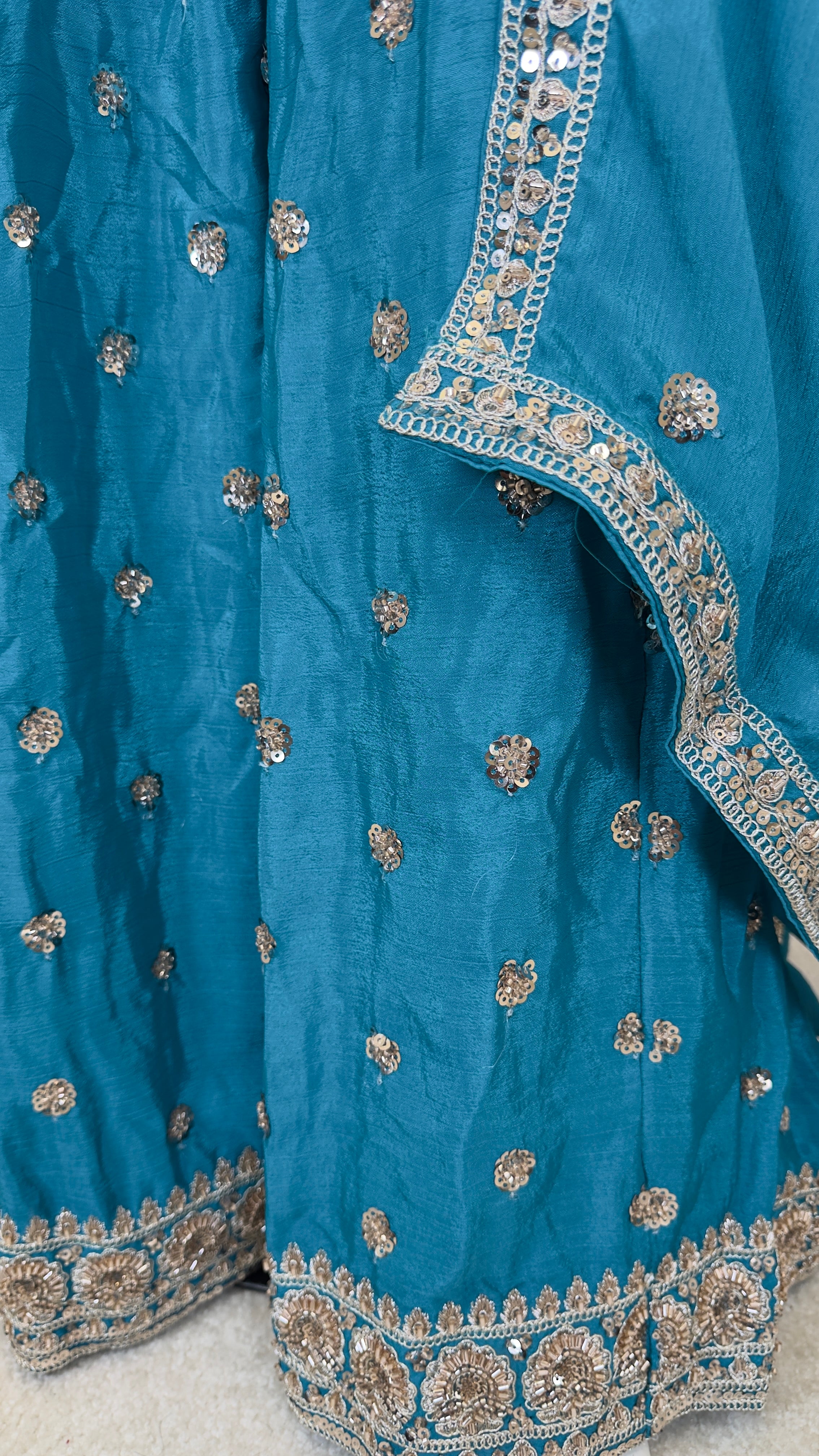 Teal Peacock Crepe Silk 3-Piece Coord Sharara Set with Chinon Dupatta