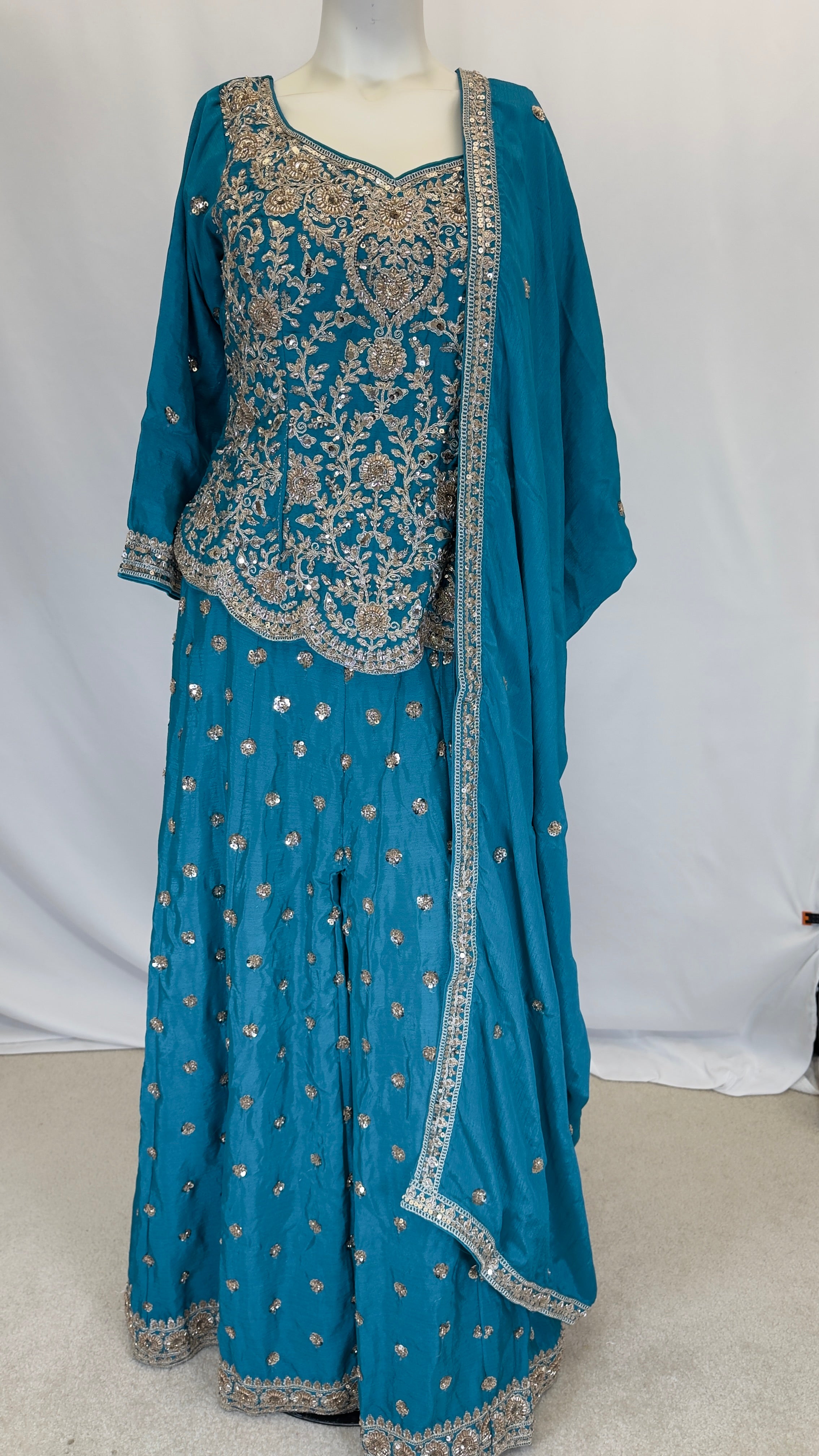Teal Peacock Crepe Silk 3-Piece Coord Sharara Set with Chinon Dupatta