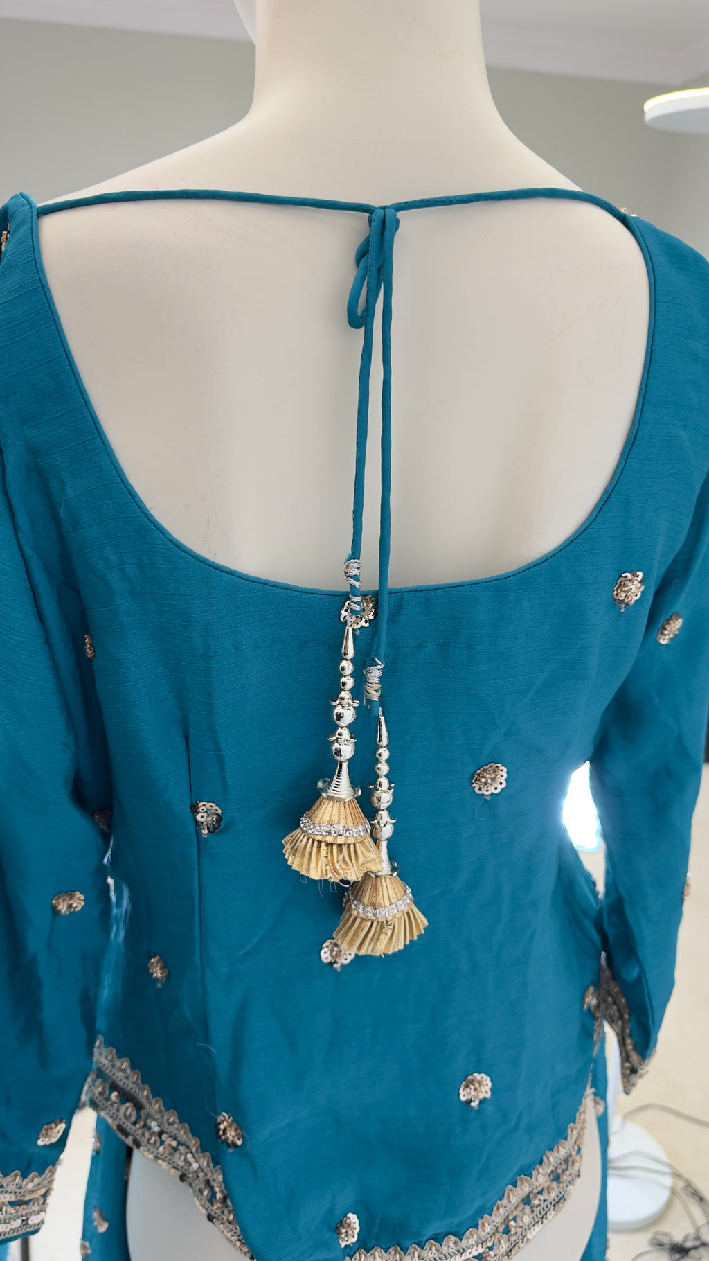Teal Peacock Crepe Silk 3-Piece Coord Sharara Set with Chinon Dupatta