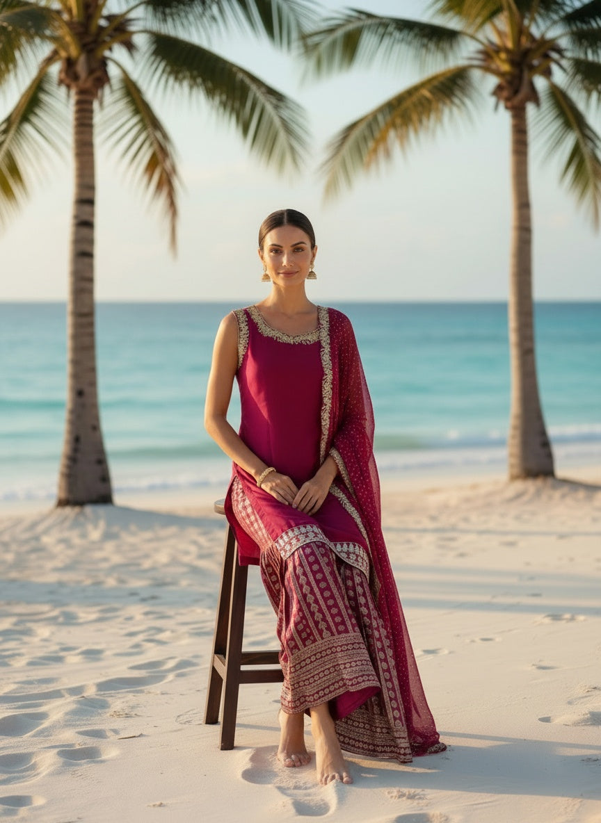 Deep Red Designer Sharara with Beautiful Back Neck Style