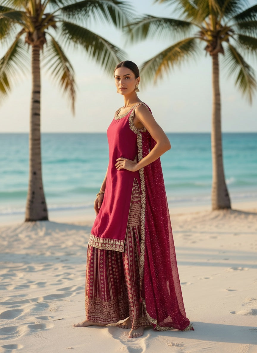 Deep Red Designer Sharara with Beautiful Back Neck Style
