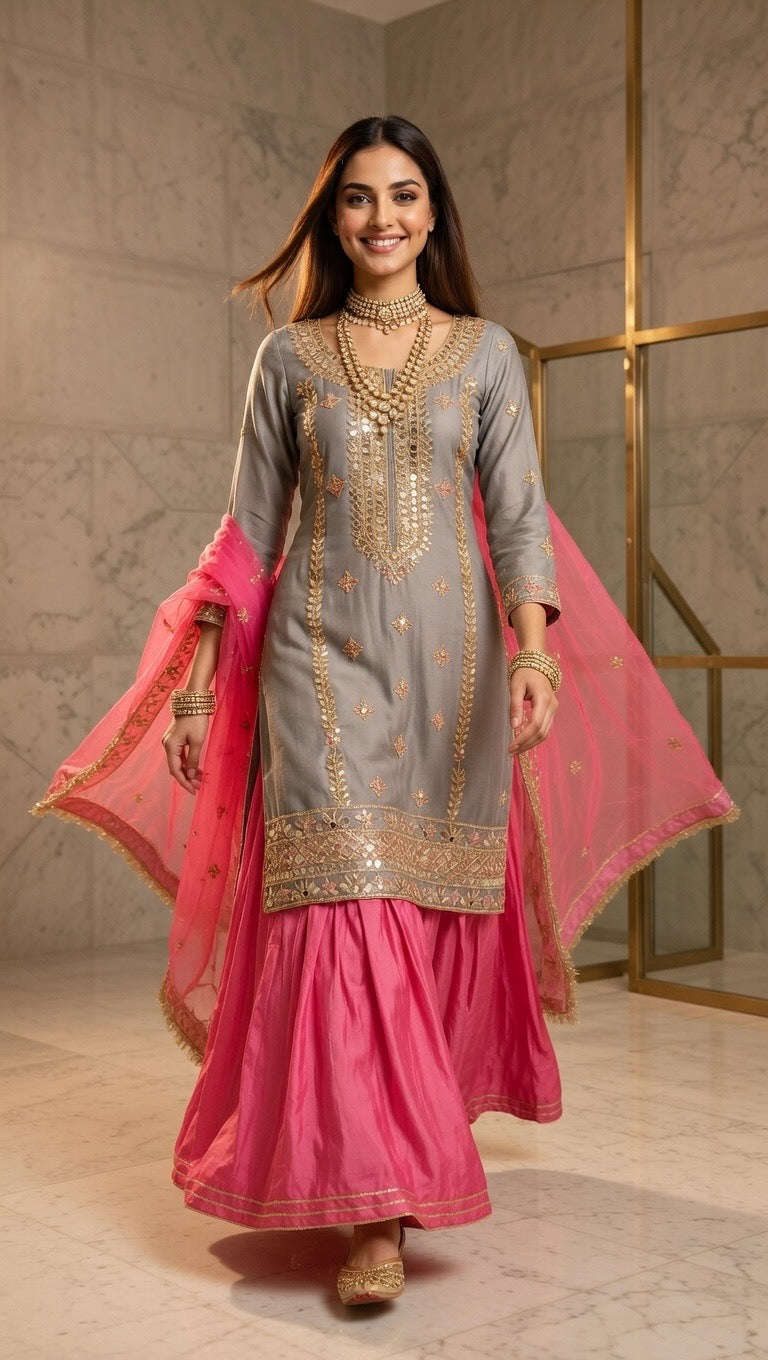 Soft Grey & Gulabi Pink Pure Upaada Silk Sharara Set