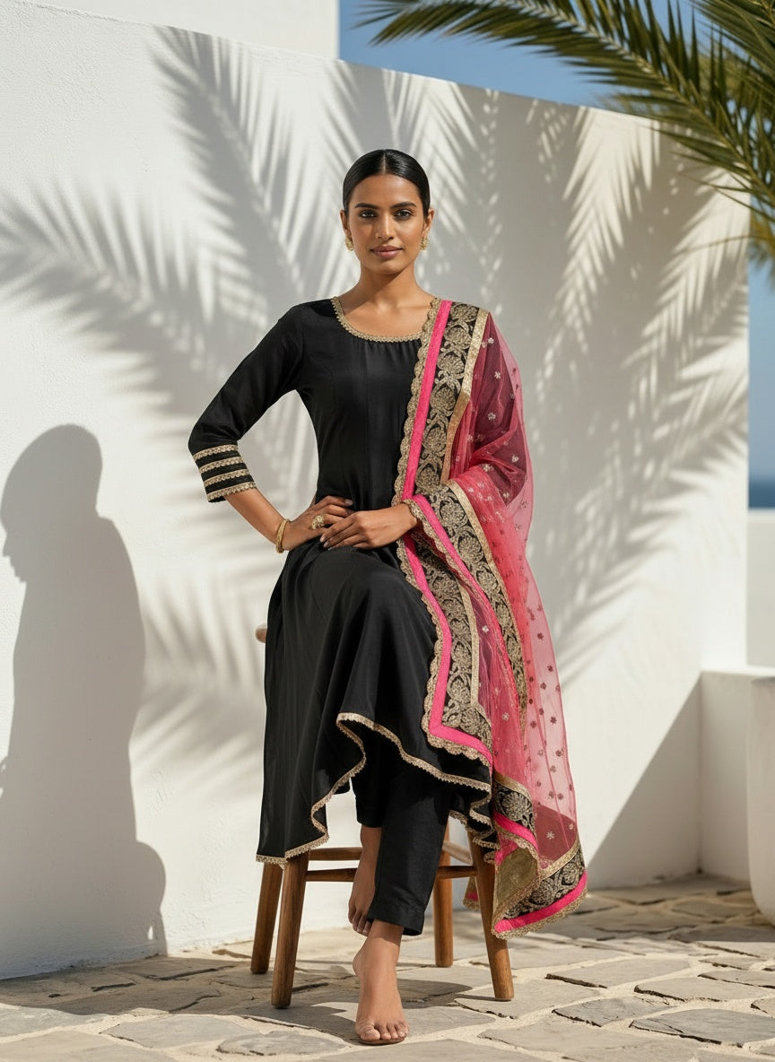 Black Peplum Anarkali with Pearl Lace, Deep Back Neck & Net Dupatta