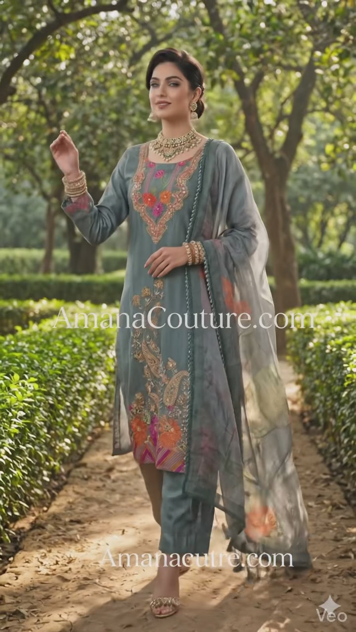 Dusty Blue Floral Embroidered Coord Set with Dupatta