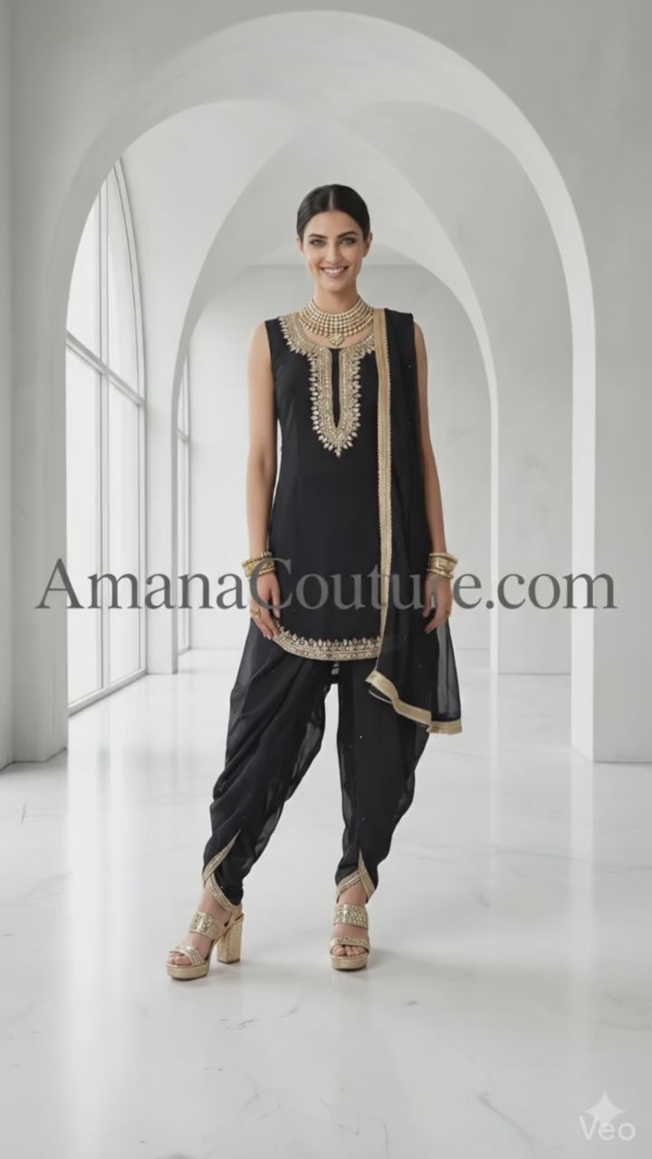 Black Dhoti-Style Outfit with Golden Embroidery