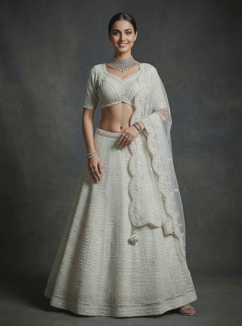 White & Silver All Handwork Designer Bridal Lehenga