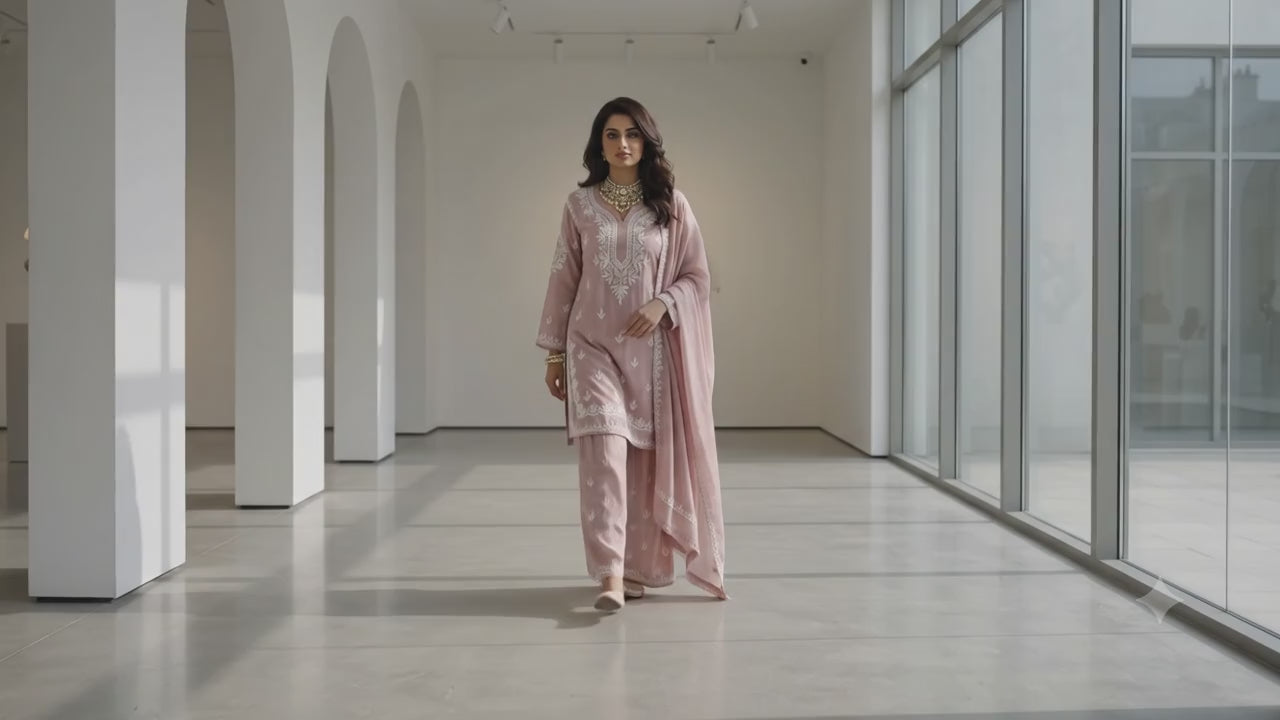 Dusty Blush Pink Rose Gold Chanderi Cotton Silk Sharara Set with White Chikankari-Inspired Embroidery